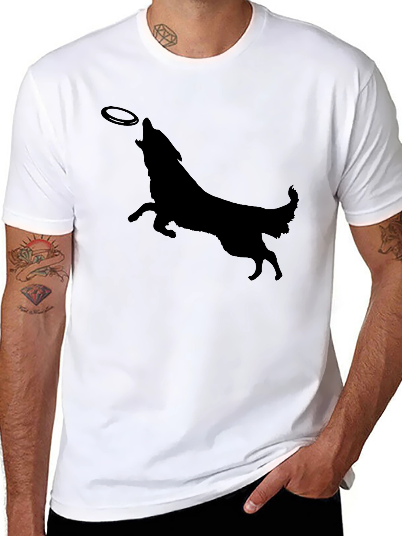 Dog Silhouette Catching Frisbee Mens Graphic Tee