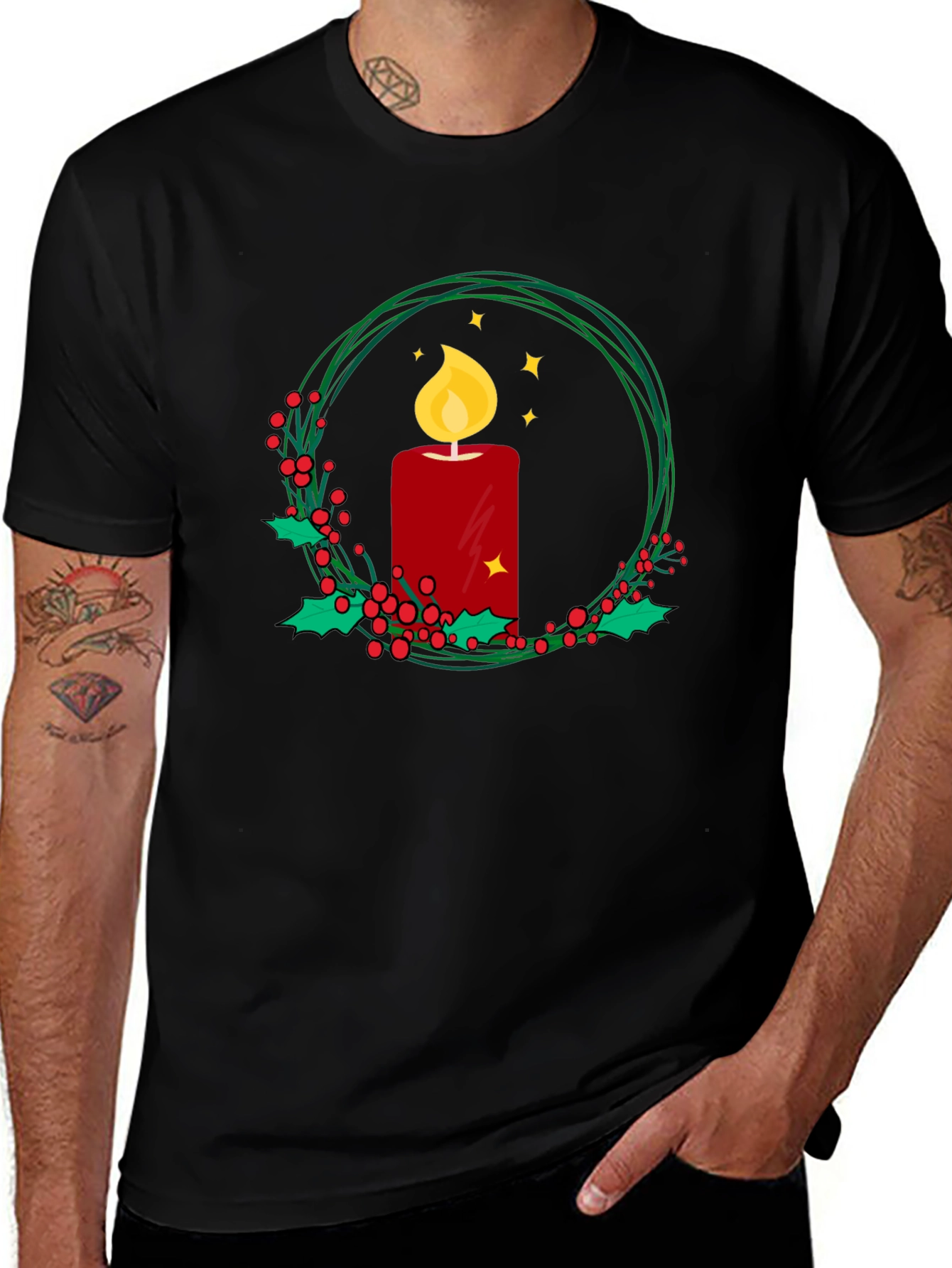 Festive Candle Wreath Graphic Tee - Holiday Cheer