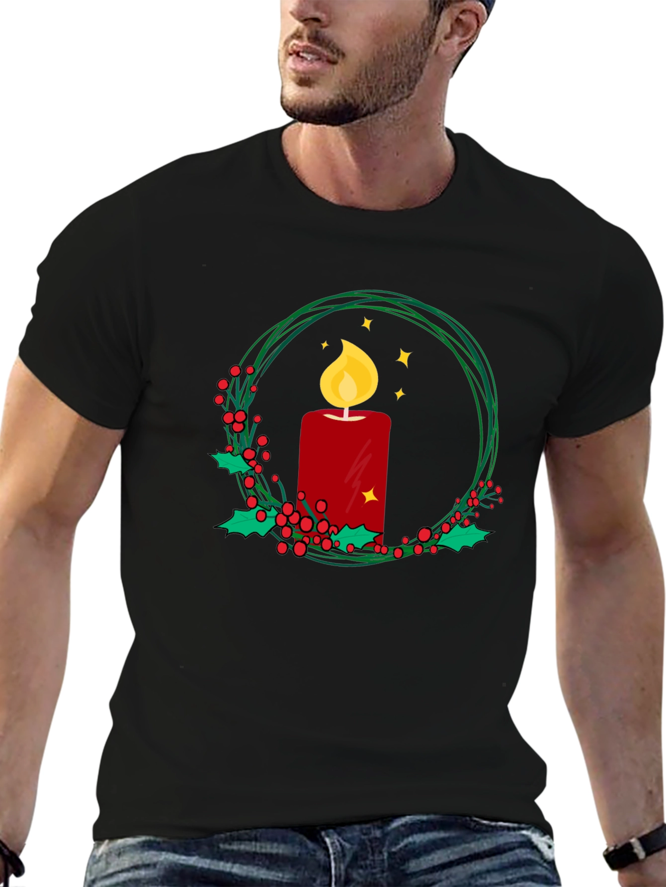 Festive Candle Wreath Graphic Tee - Holiday Cheer