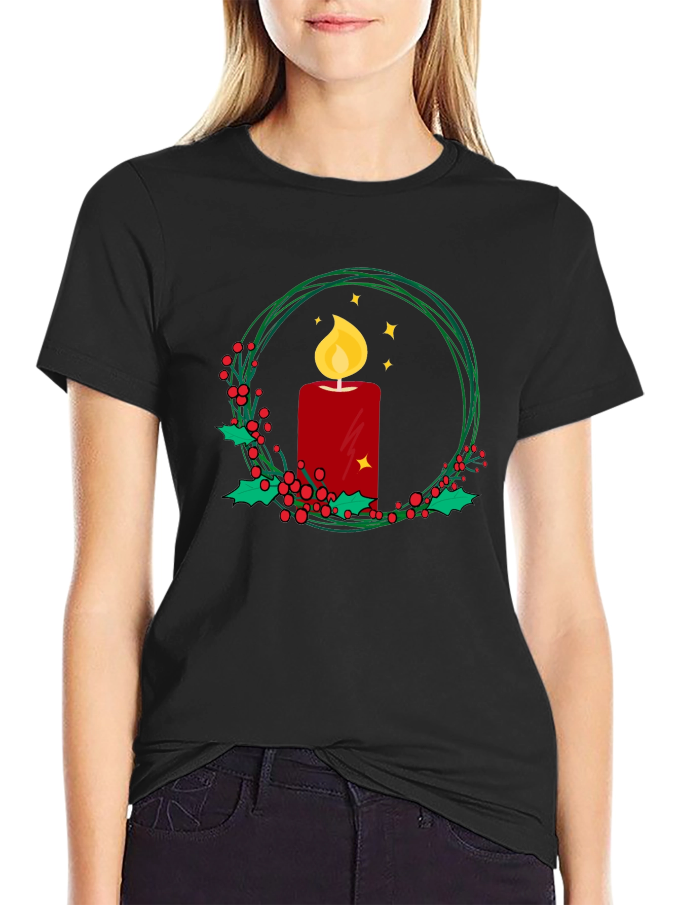 Festive Candle Wreath Graphic Tee - Holiday Cheer