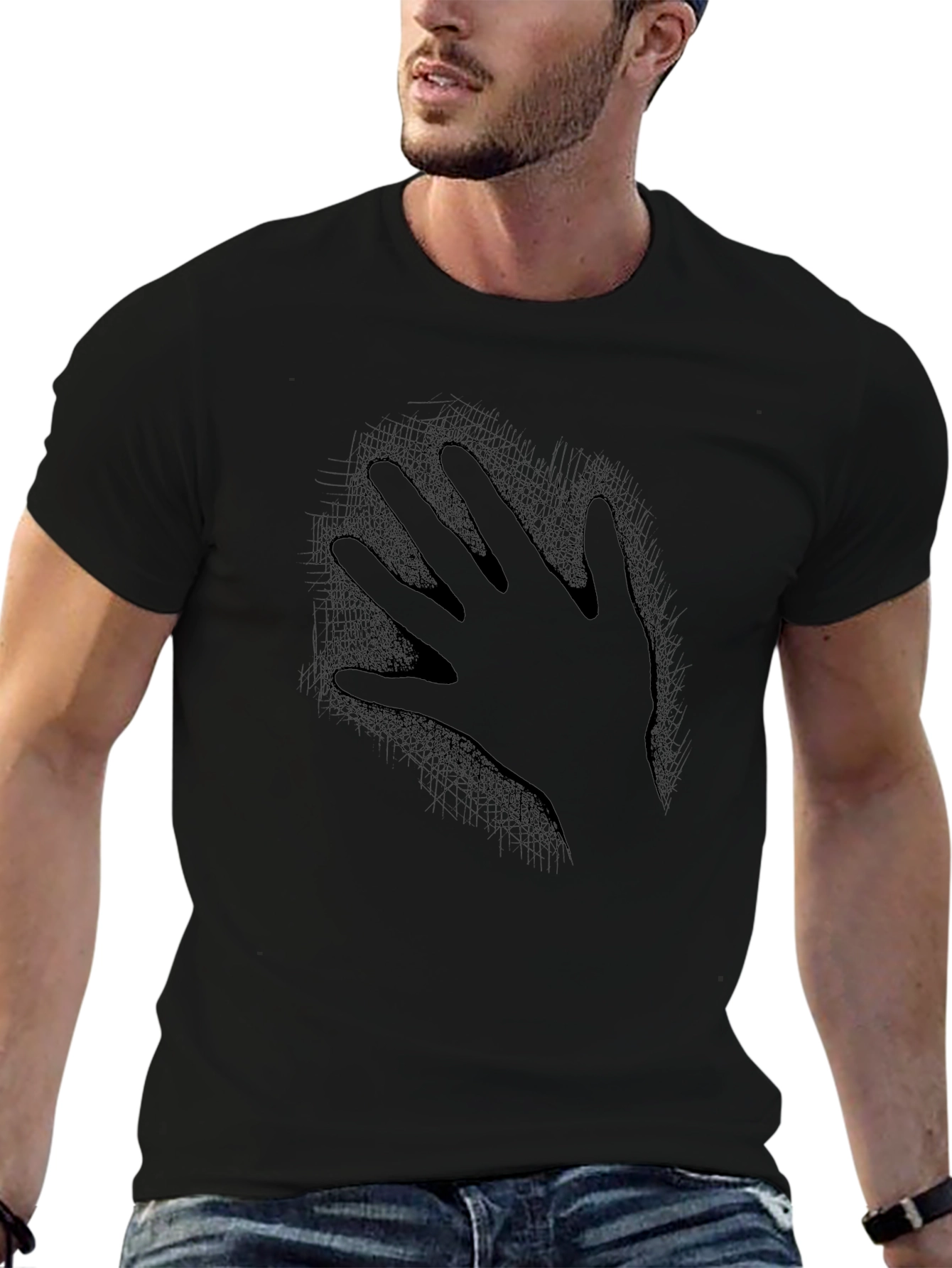 Mens Black T-Shirt - Hand Print Design