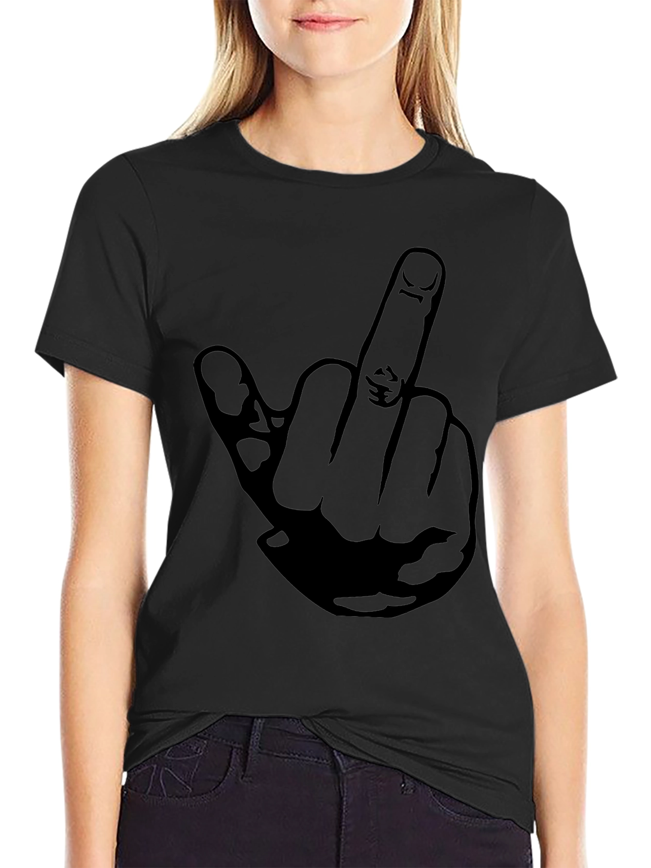 Middle Finger Graphic Tee - Black Cotton T-Shirt