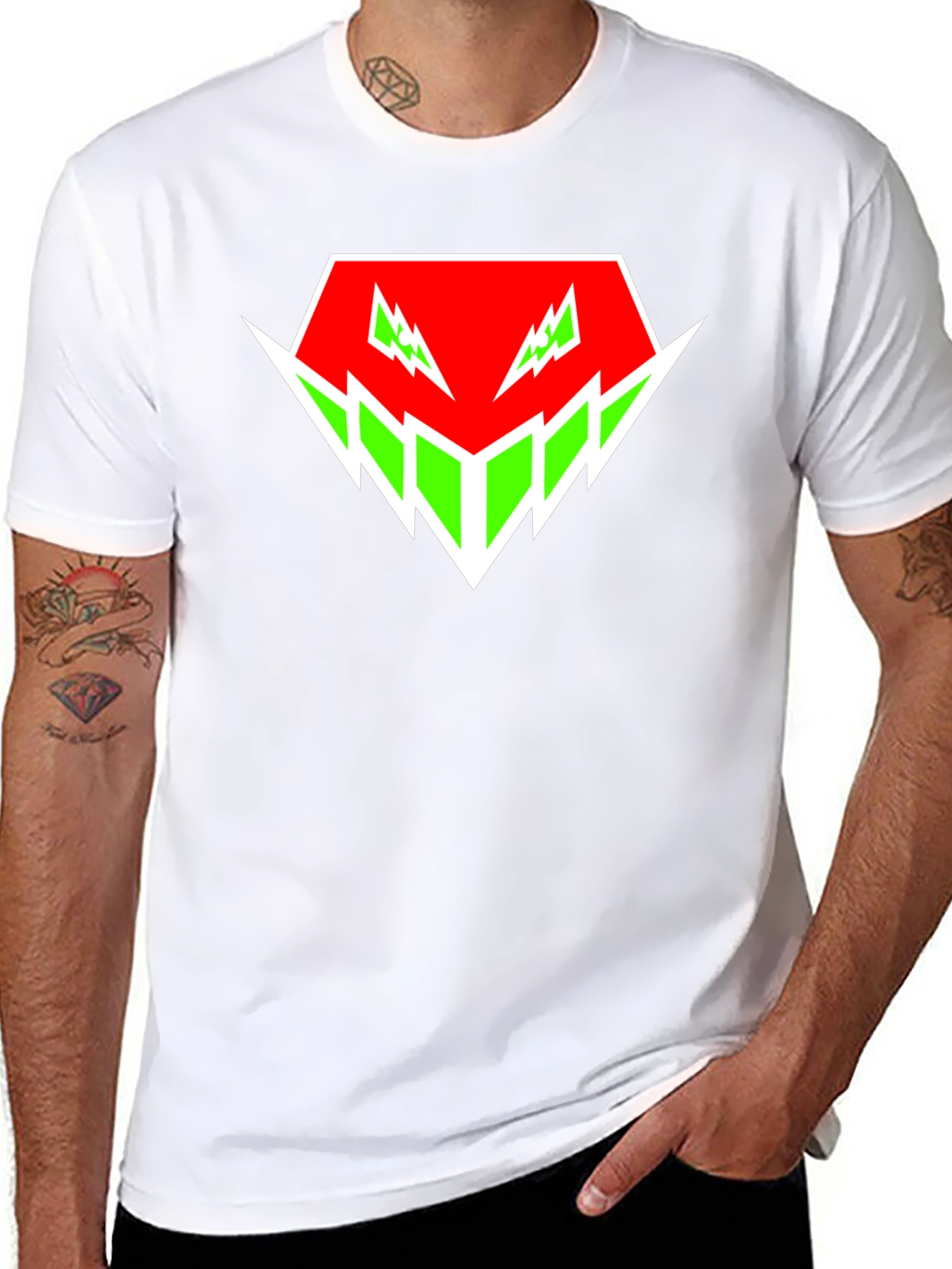 Edgy Graphic Tee - Red & Green Abstract Design