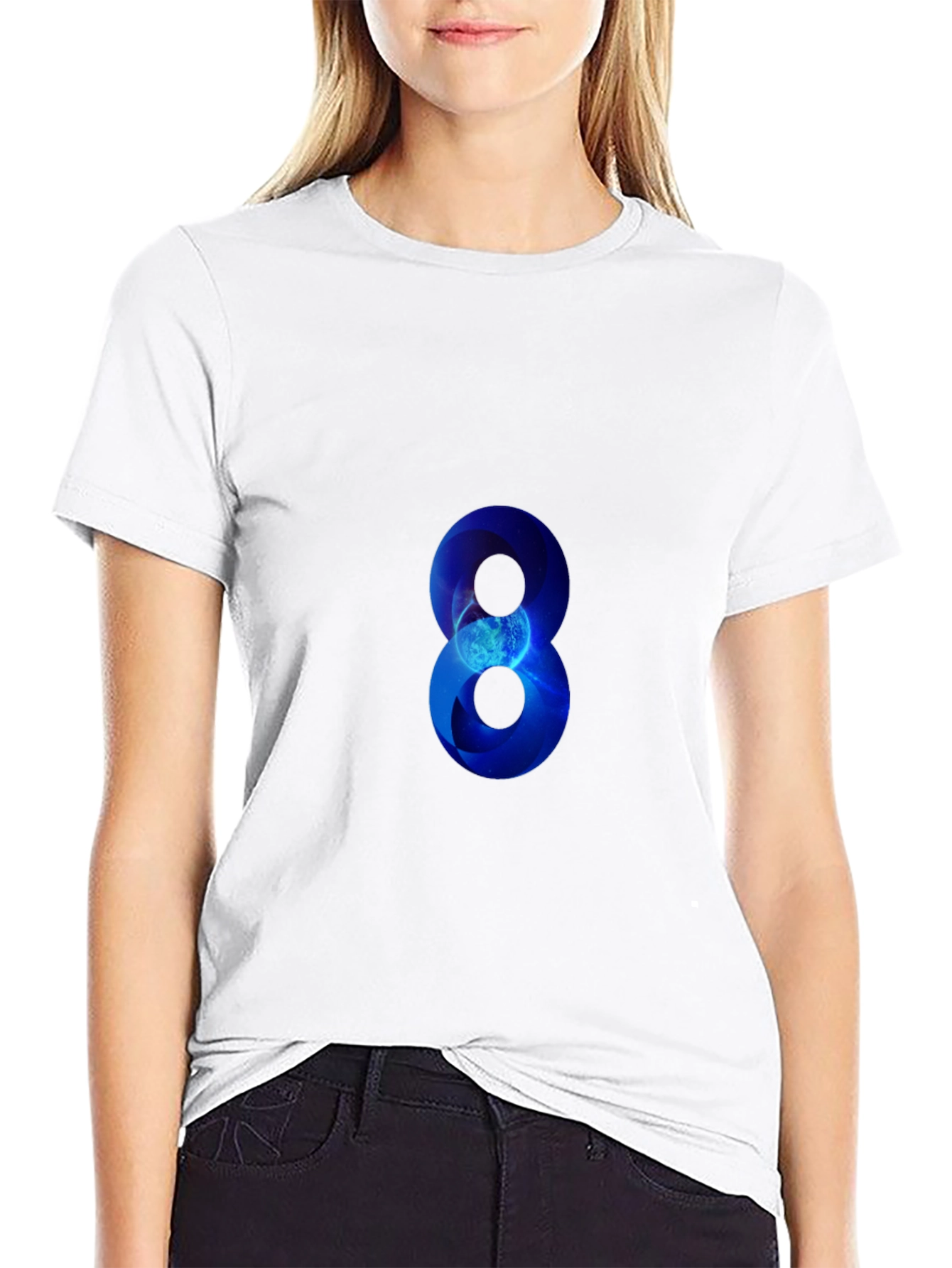 Blue Number 8 Graphic Print Black T-Shirt