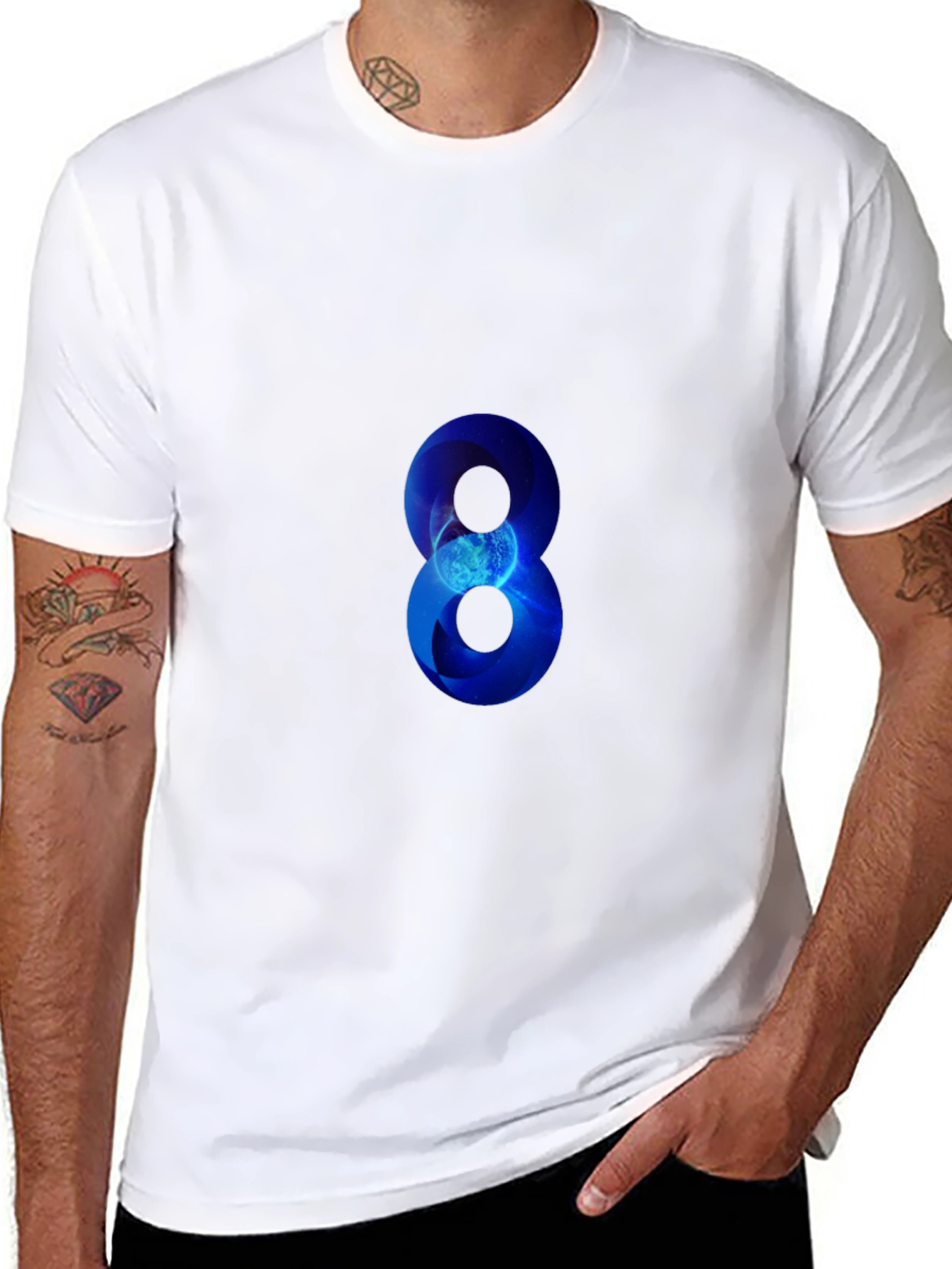 Blue Number 8 Graphic Print Black T-Shirt