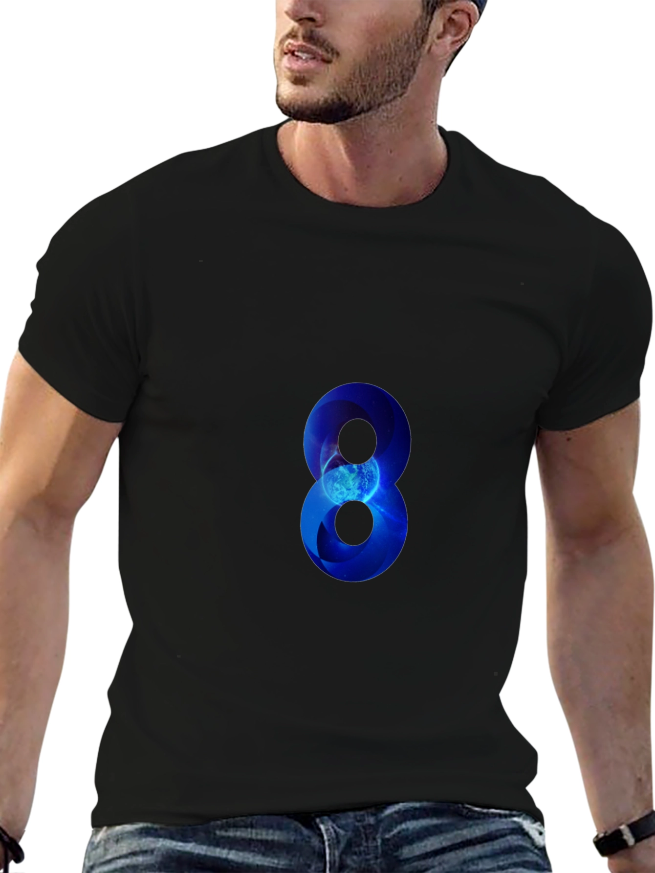 Blue Number 8 Graphic Print Black T-Shirt