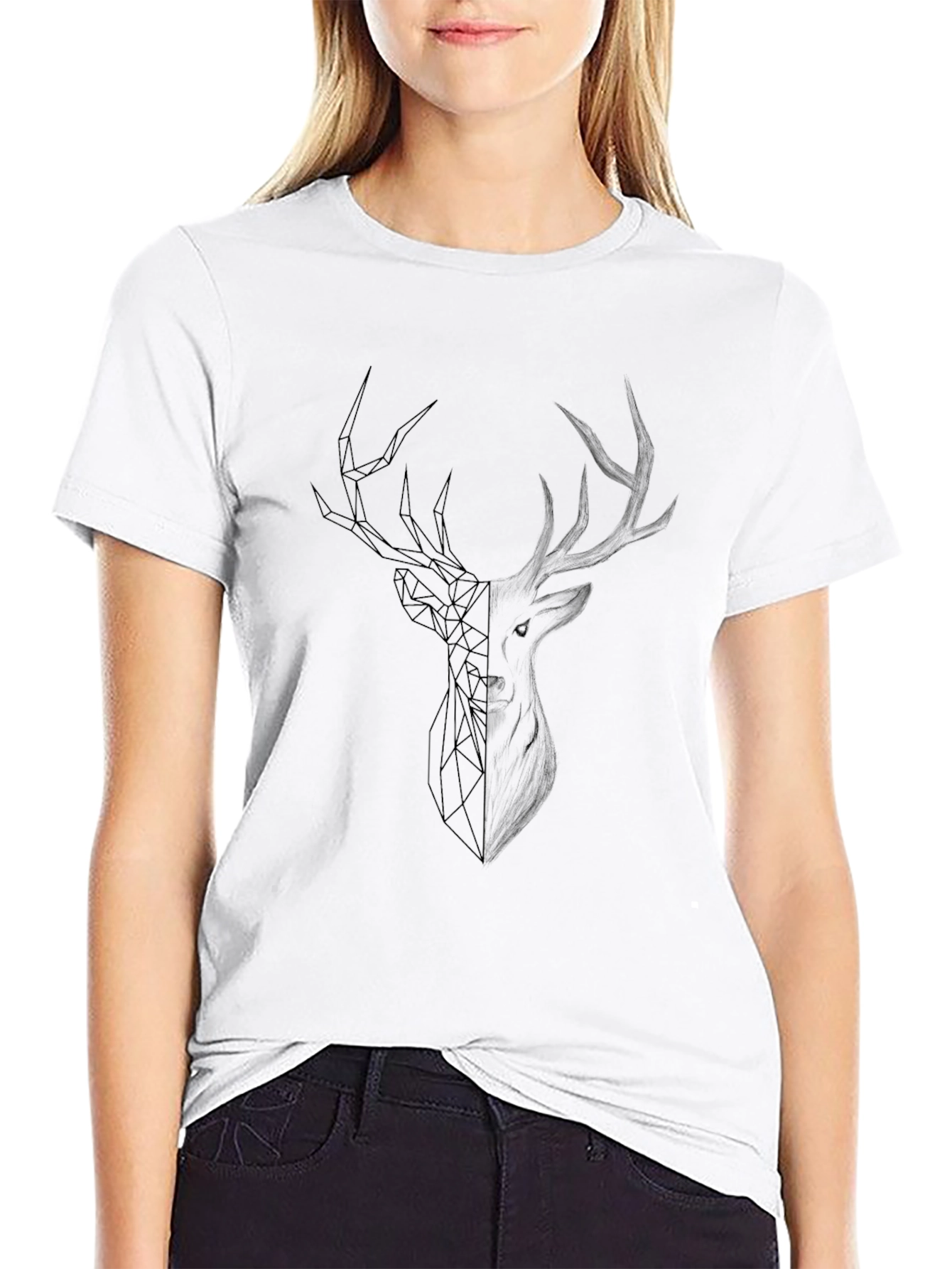 Geometric Deer Head Black T-Shirt