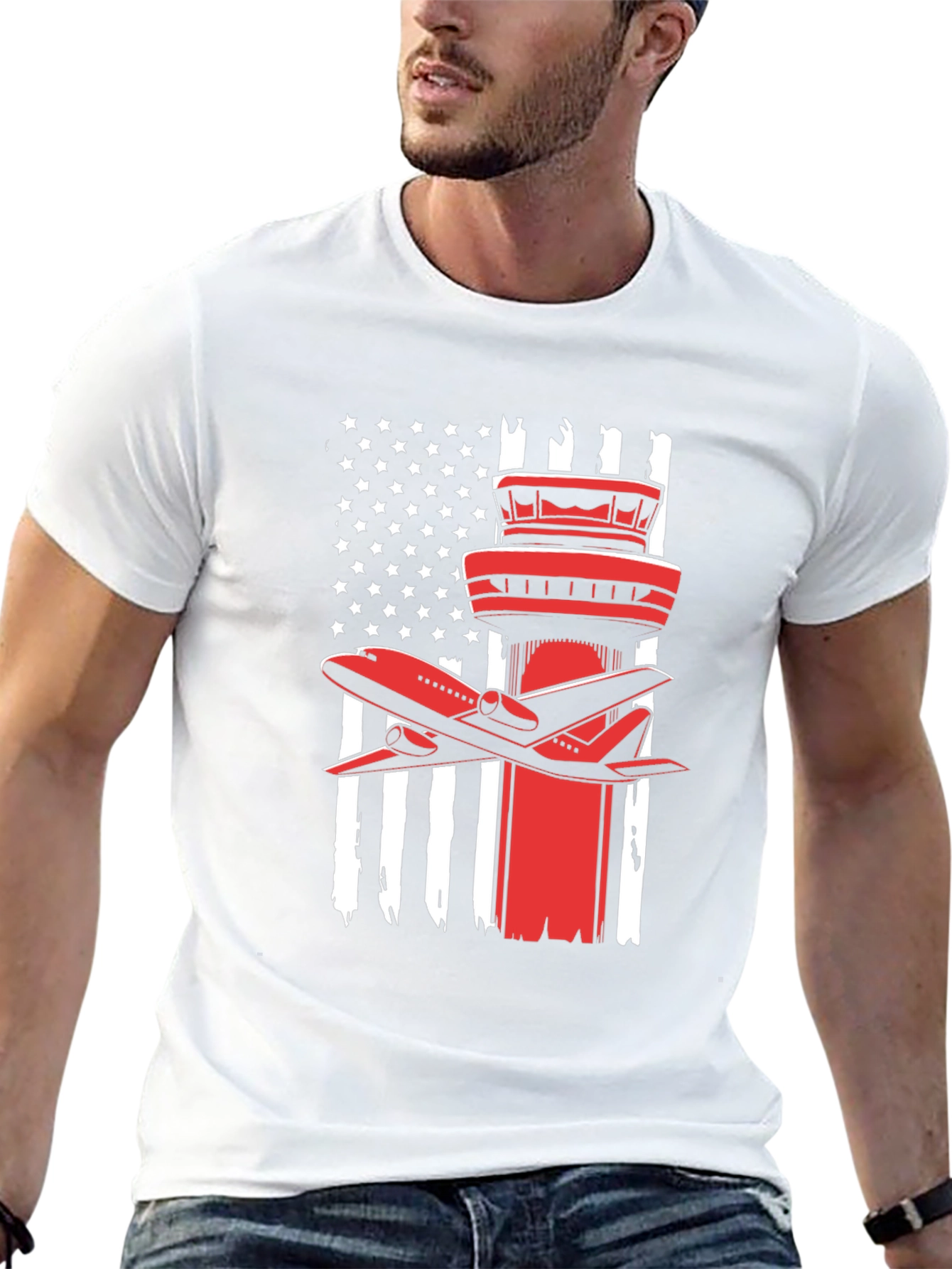 Patriotic Airplane T-Shirt: American Flag Airport Tower
