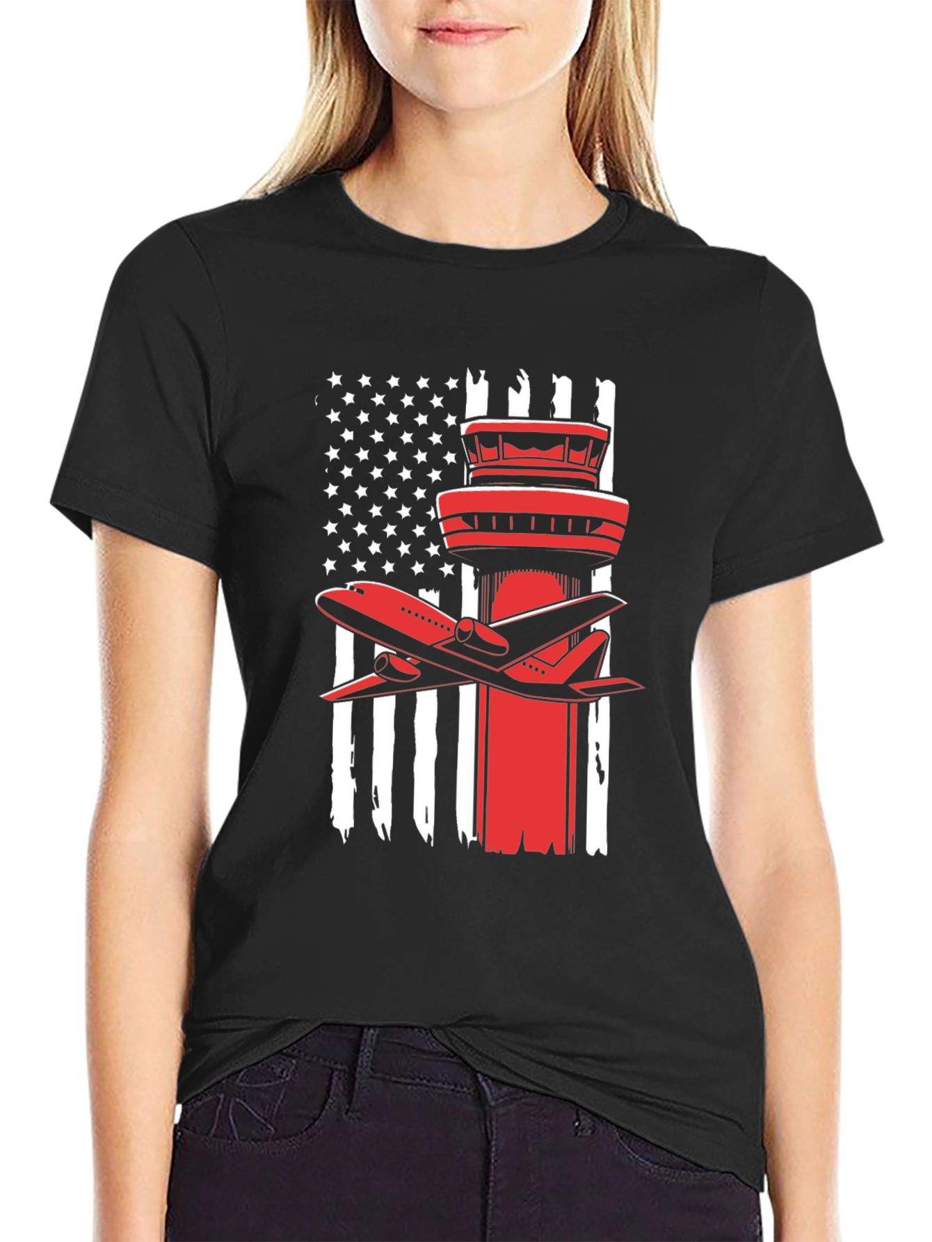 Patriotic Airplane T-Shirt: American Flag Airport Tower