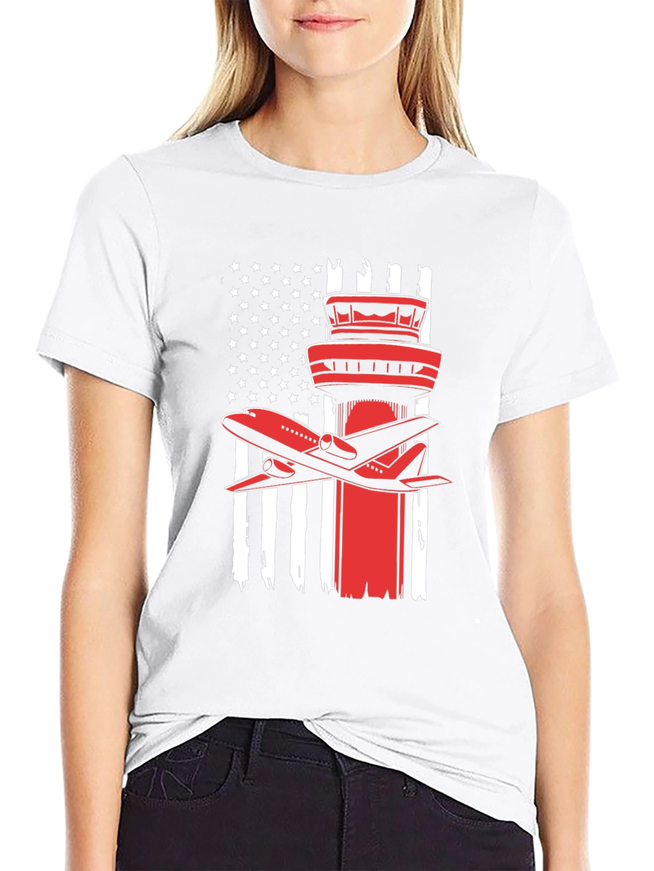 Patriotic Airplane T-Shirt: American Flag Airport Tower