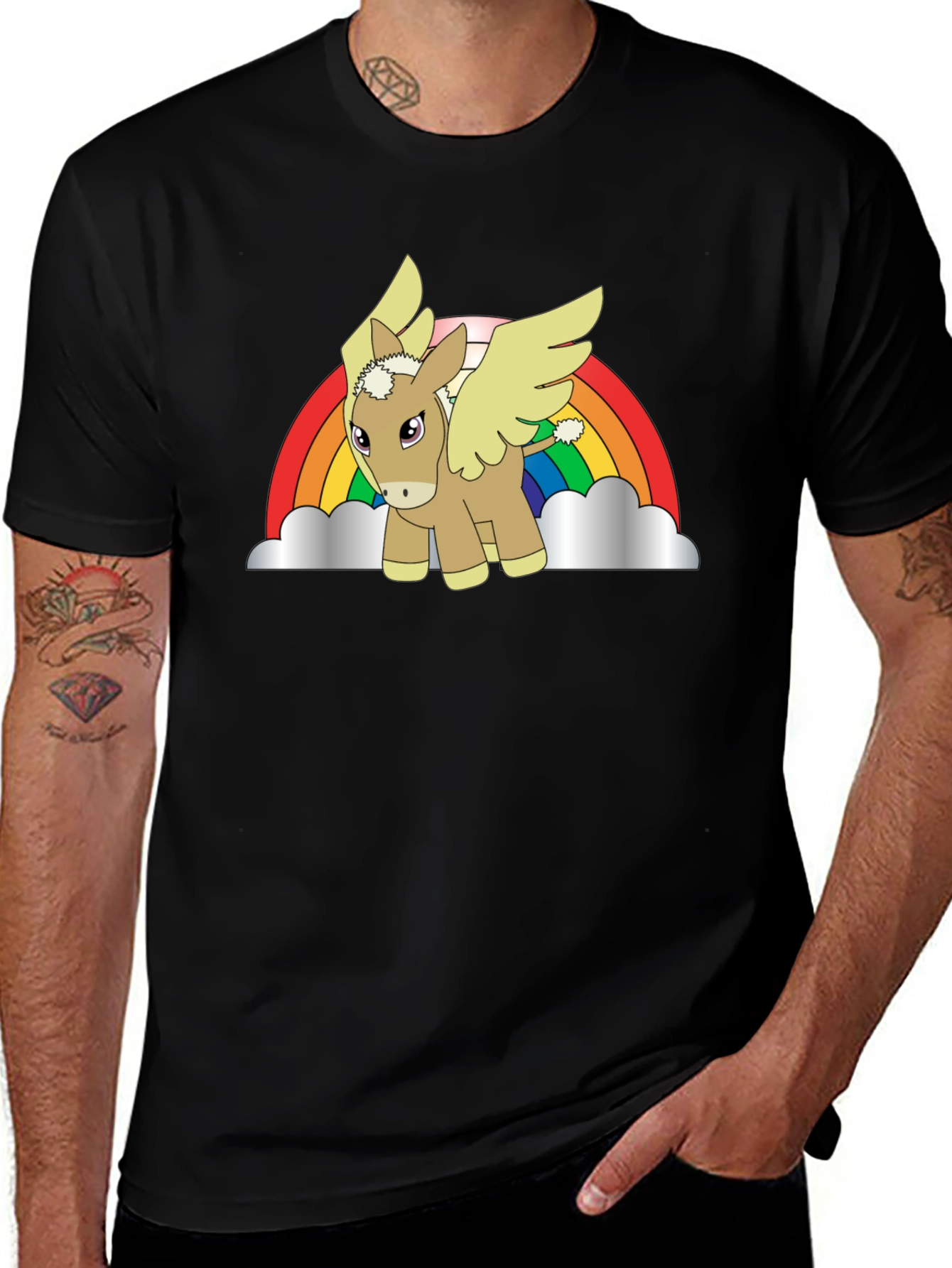 Rainbow Donkey Pegasus Black T-Shirt