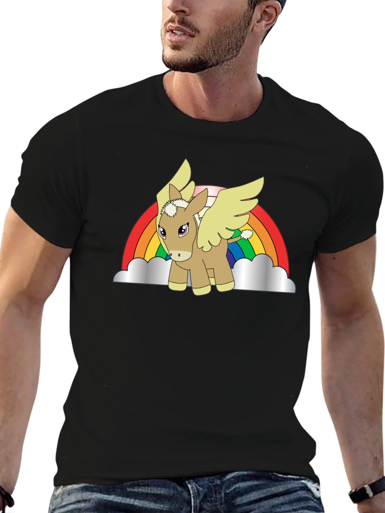 Rainbow Donkey Pegasus Black T-Shirt