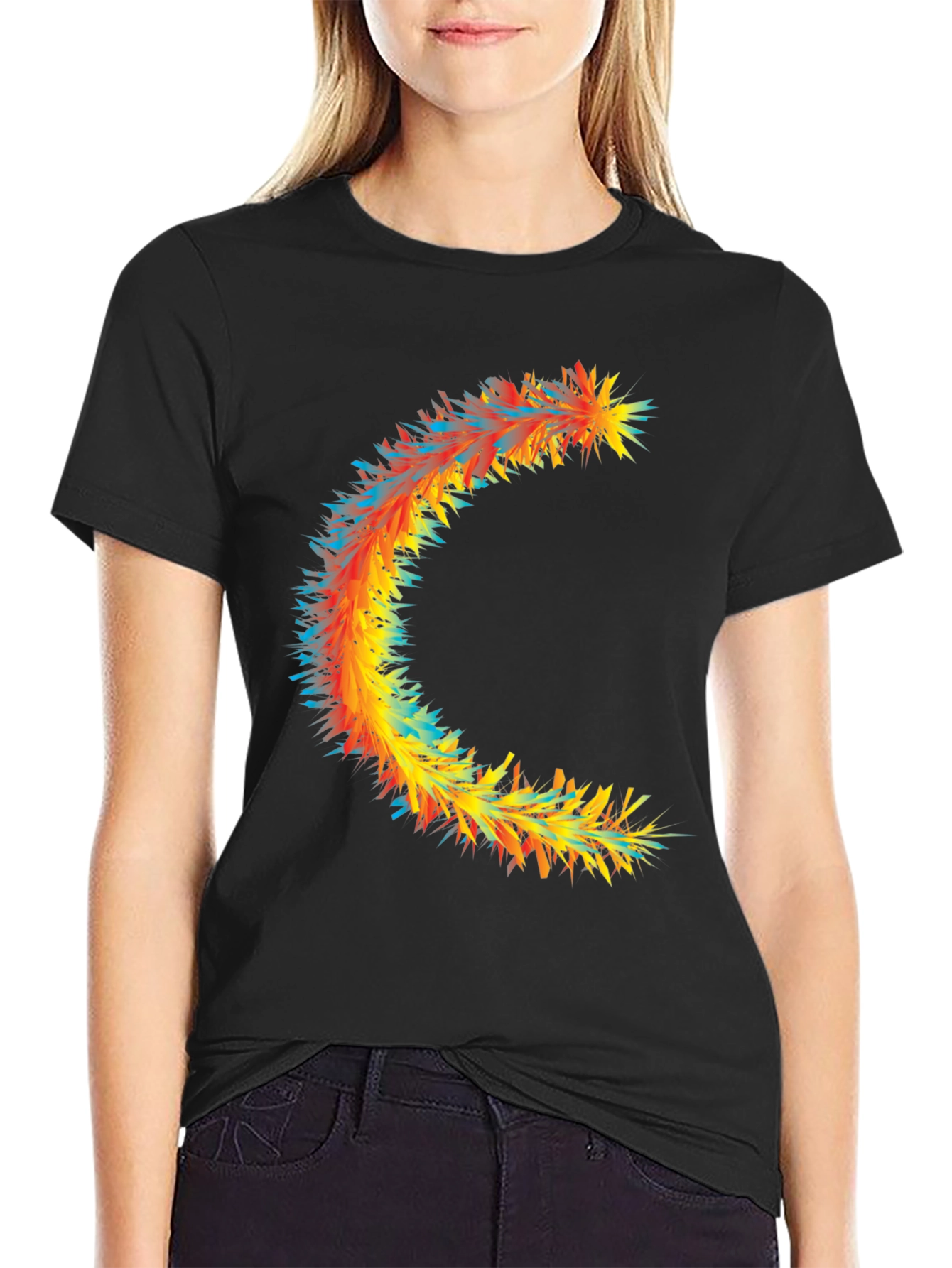 Abstract Crescent Graphic Tee - Stylish Black Cotton T-Shirt