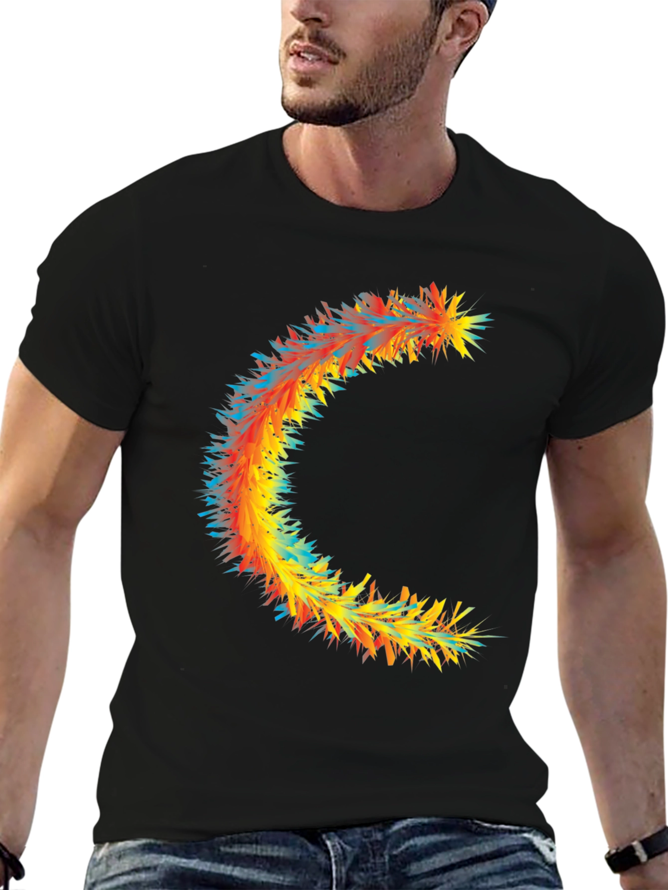 Abstract Crescent Graphic Tee - Stylish Black Cotton T-Shirt