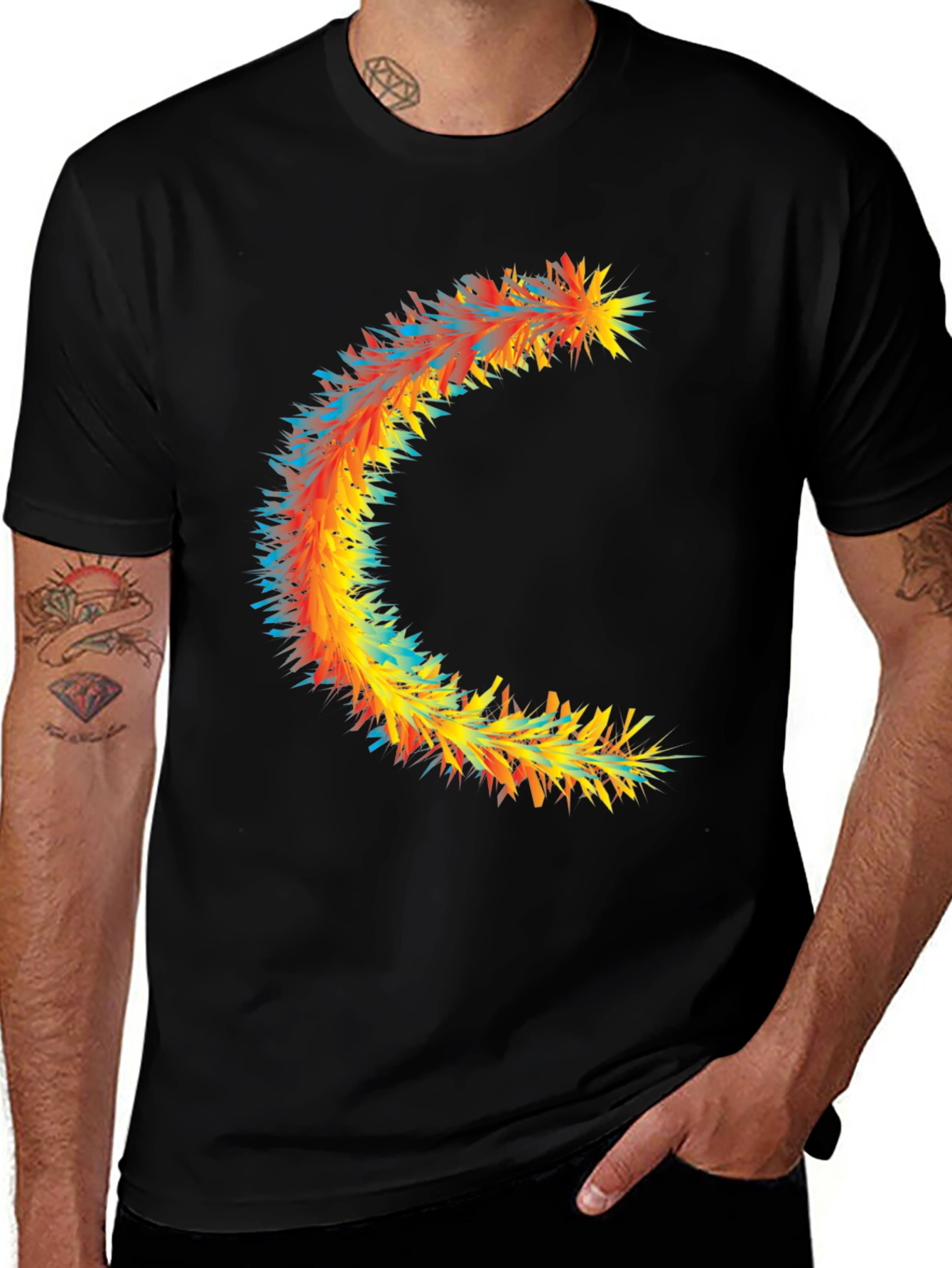 Abstract Crescent Graphic Tee - Stylish Black Cotton T-Shirt