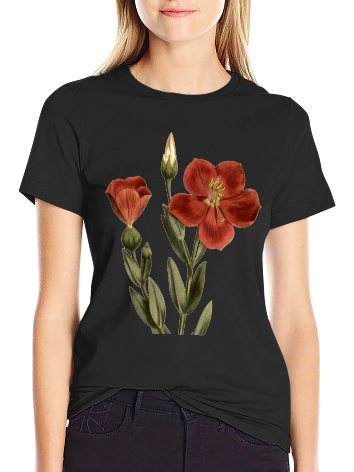 Floral Print Tee - Black Cotton Comfort