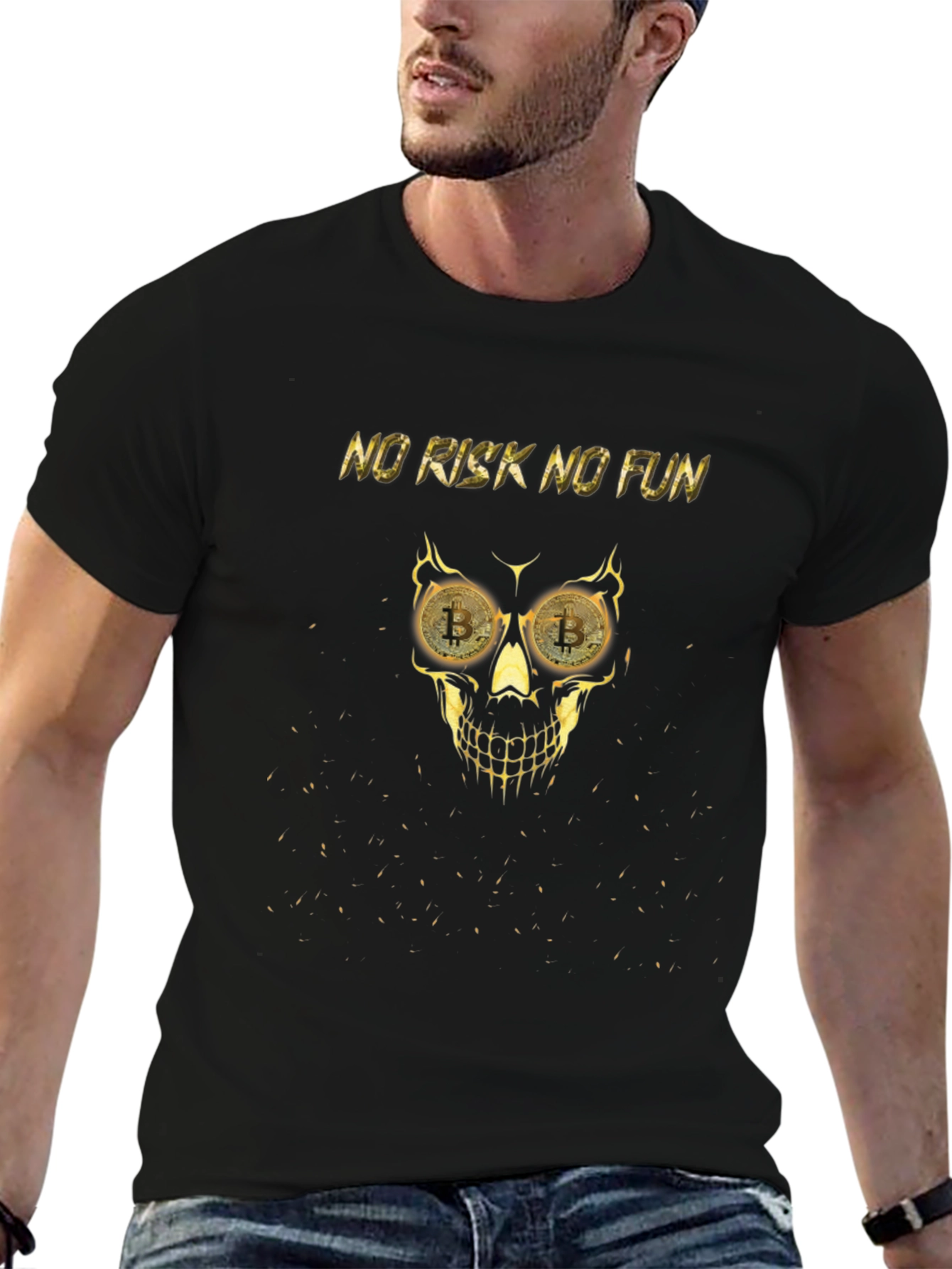 No Risk No Fun Bitcoin Skull Graphic Tee