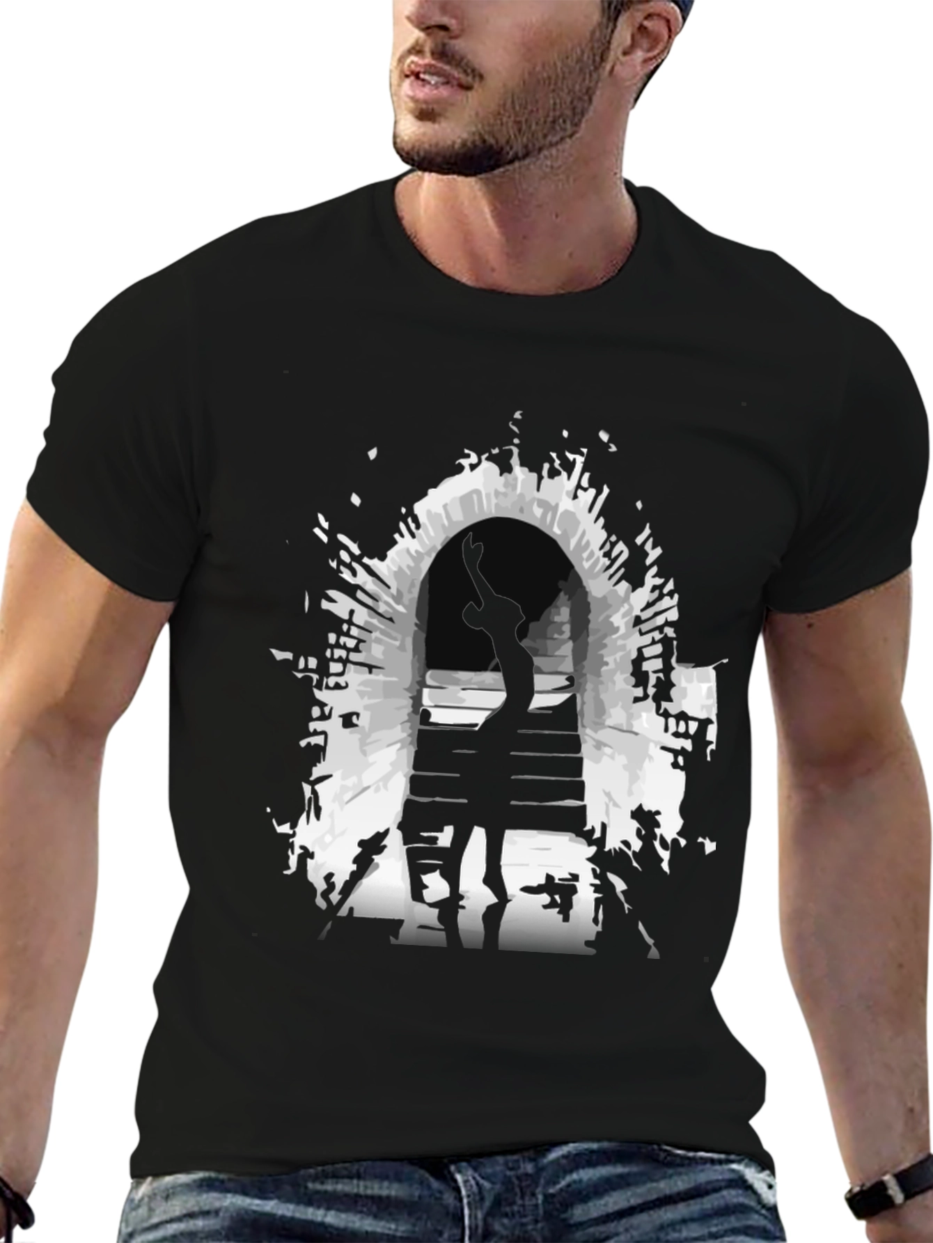 Mysterious Portal Graphic Tee - Black Cotton Shirt