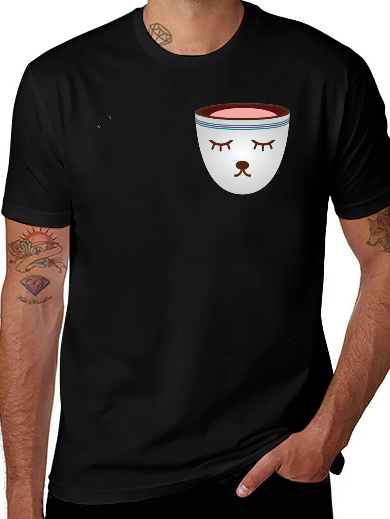 Sleepy Tea Cup Design Black T-Shirt