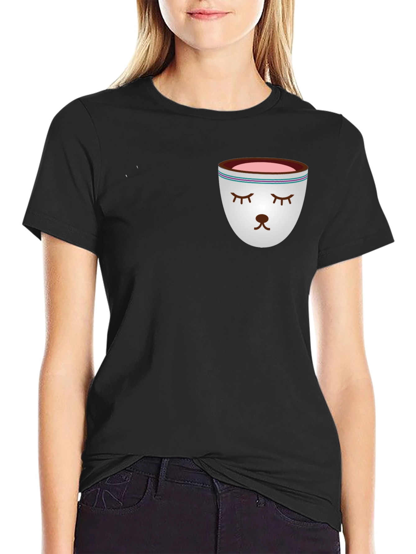 Sleepy Tea Cup Design Black T-Shirt