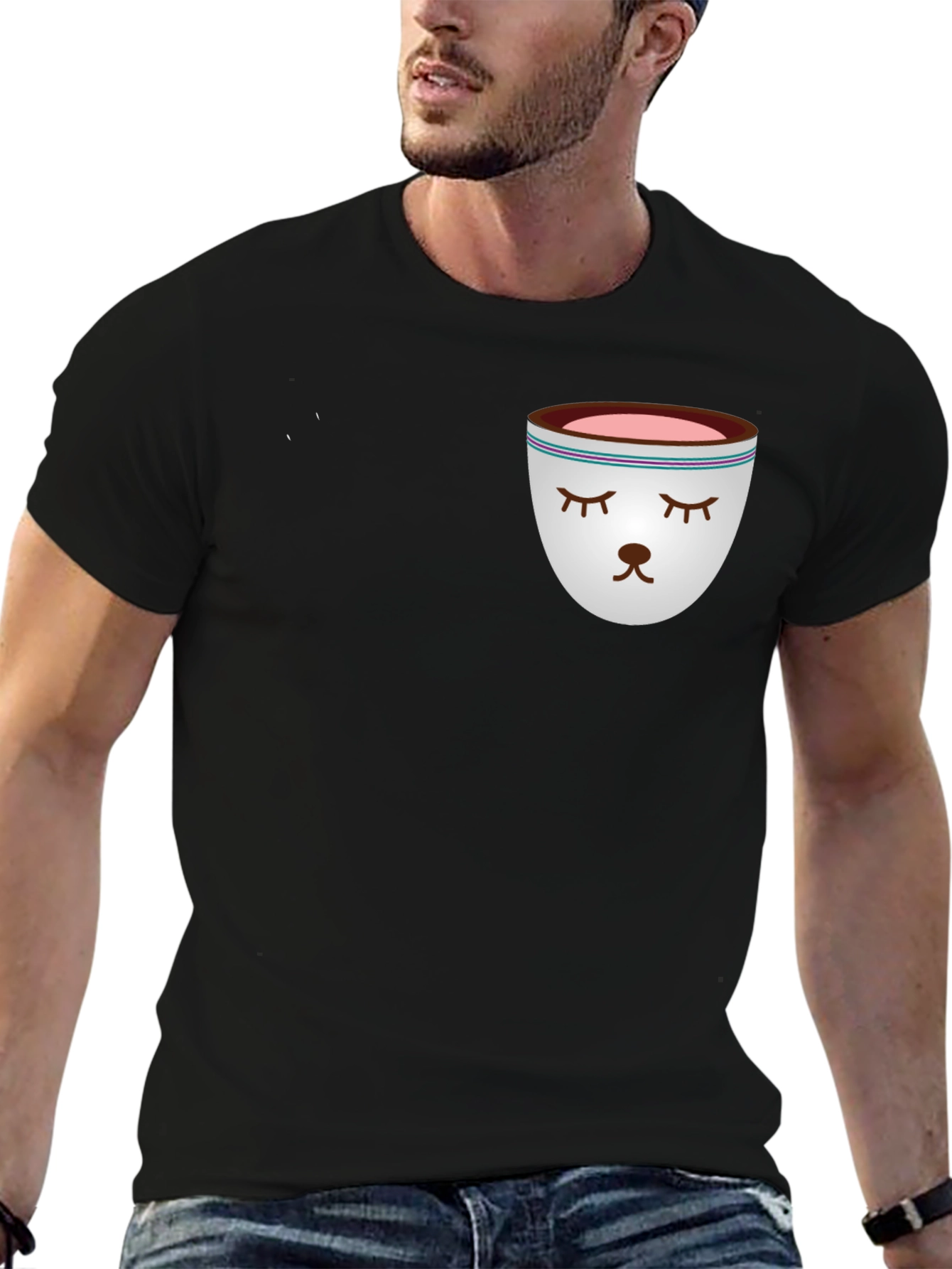 Sleepy Tea Cup Design Black T-Shirt