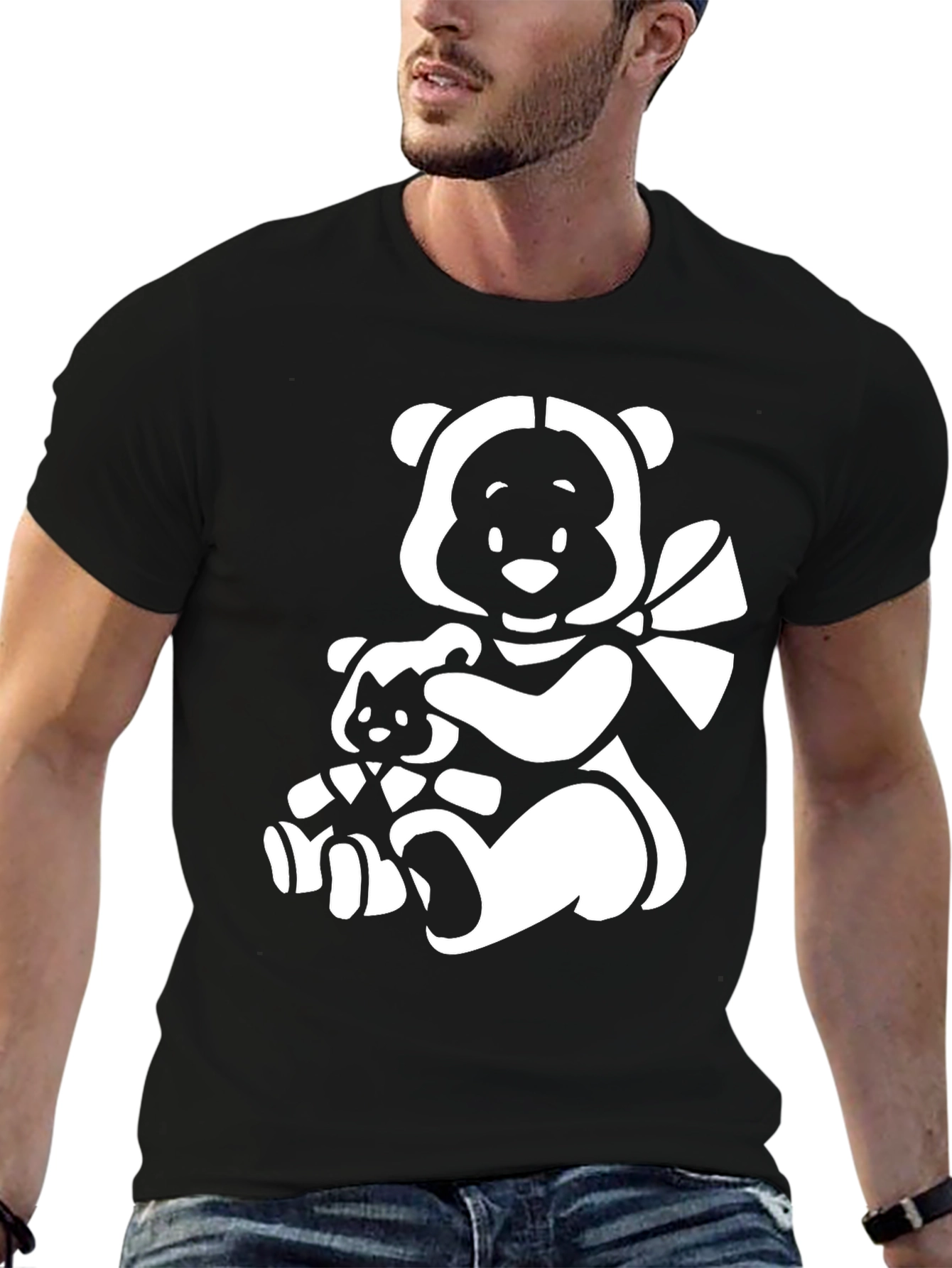 Black T-Shirt with Cute Bear Graphic