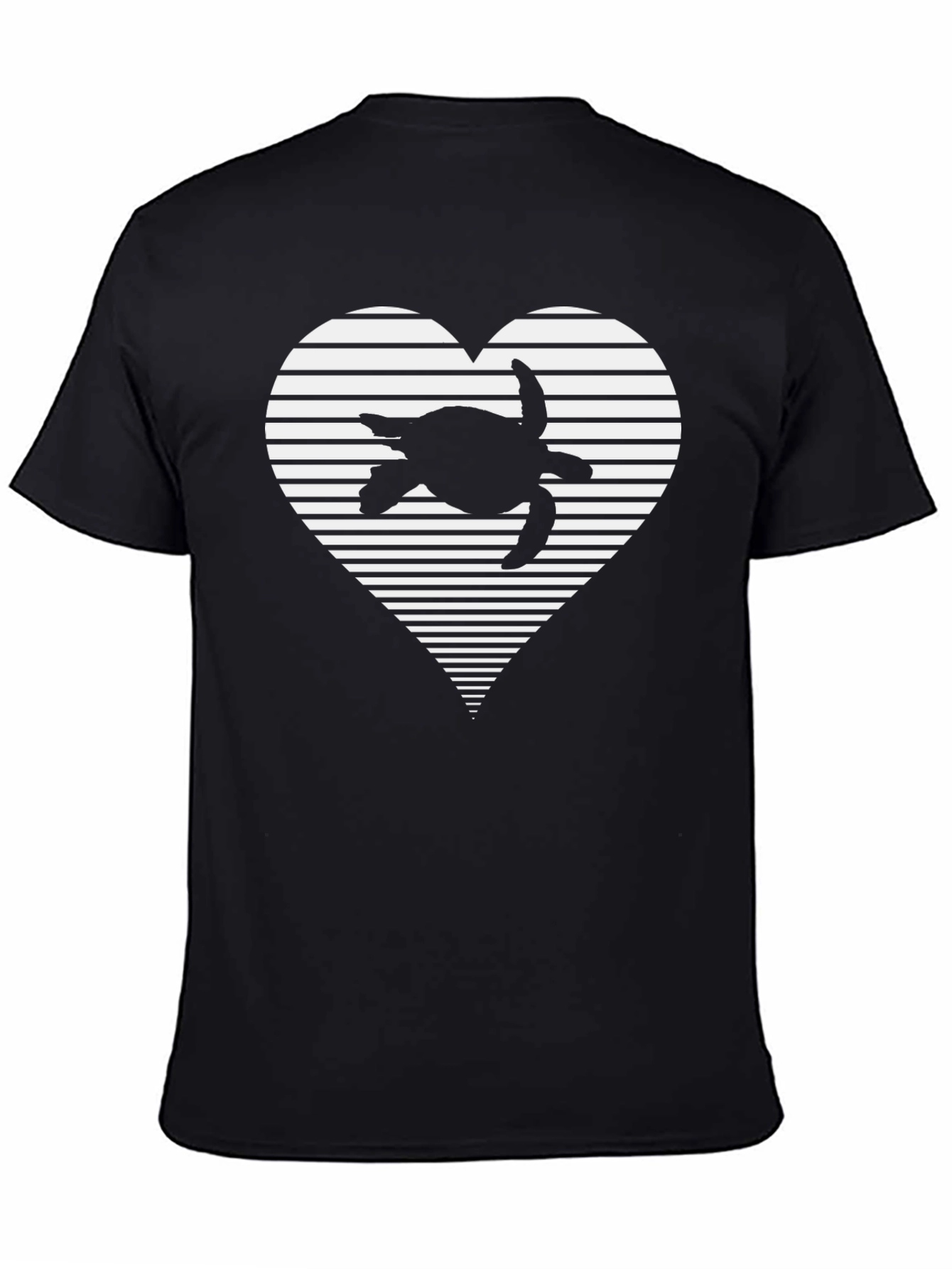 Turtle Heart Striped Graphic Tee - Casual Black T-Shirt