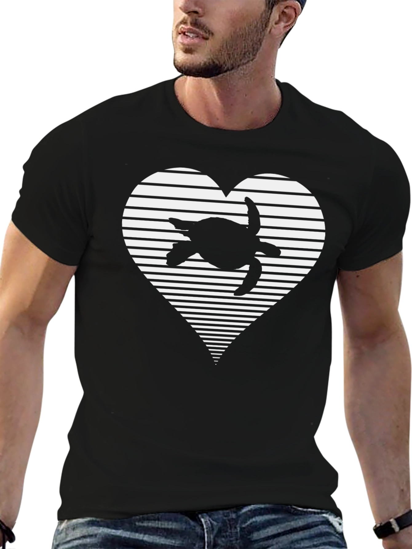 Turtle Heart Striped Graphic Tee - Casual Black T-Shirt