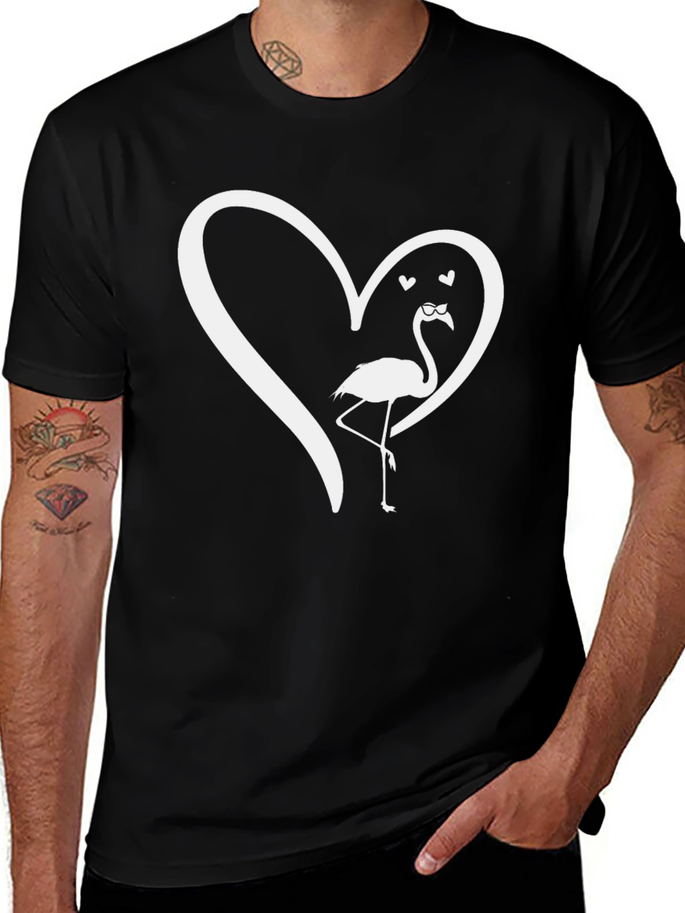 Flamingo Heart Graphic T-Shirt - Black Casual Tee