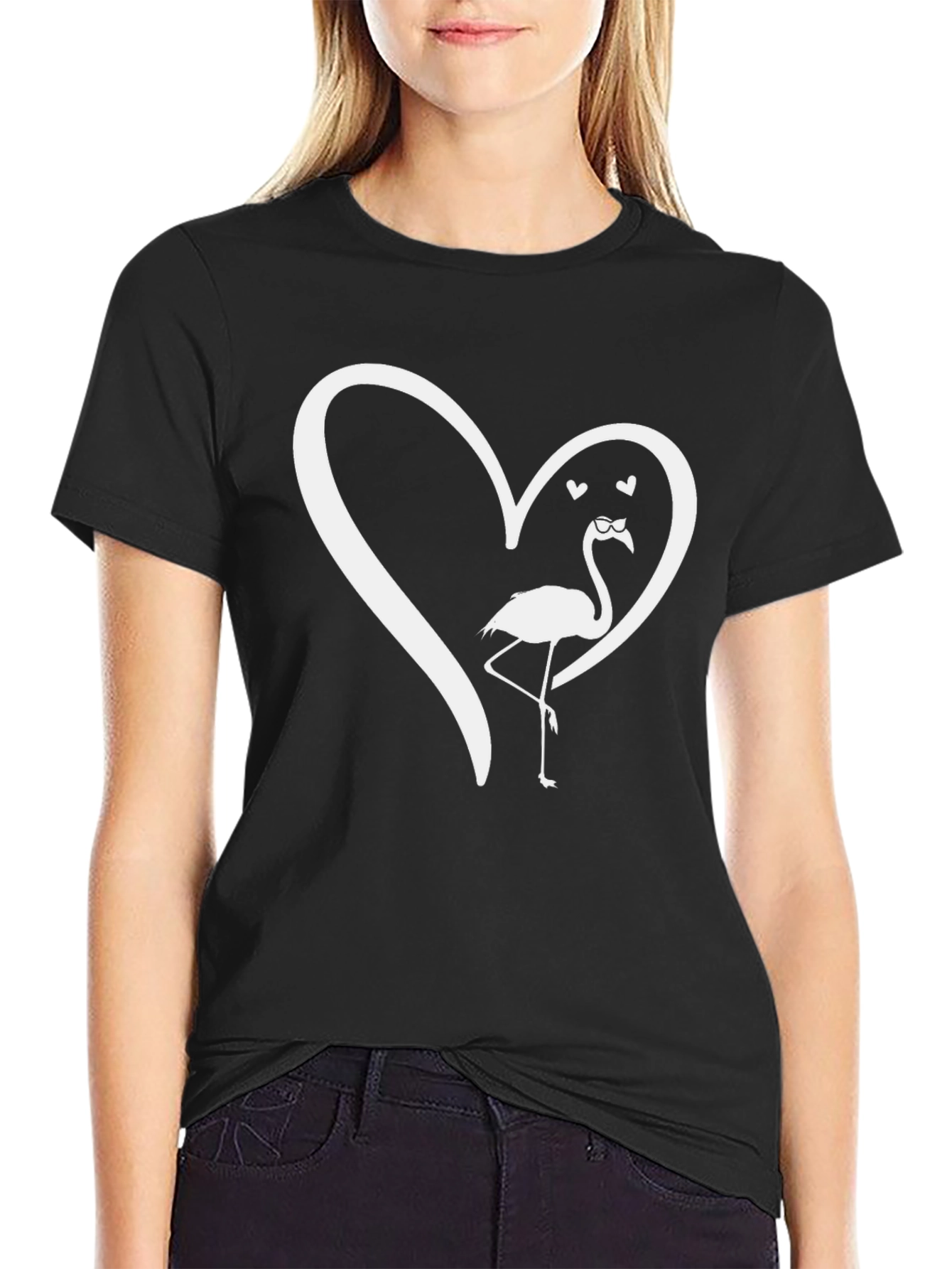 Flamingo Heart Graphic T-Shirt - Black Casual Tee