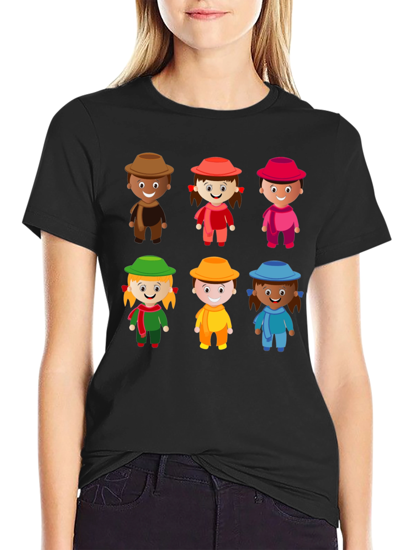 Fun Cartoon Character Print Black T-Shirt