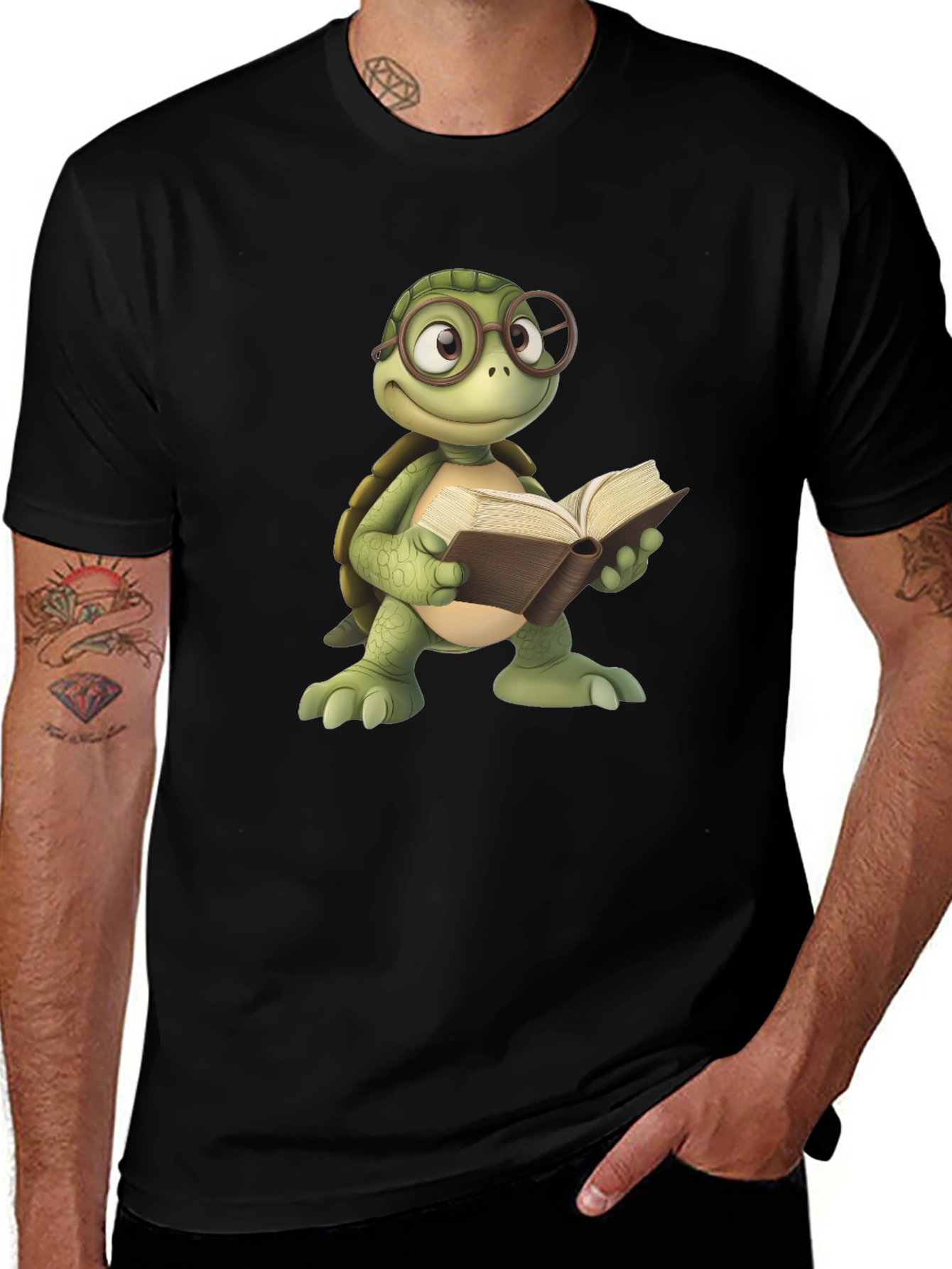 Bookish Turtle Graphic Tee - Black Cotton T-Shirt