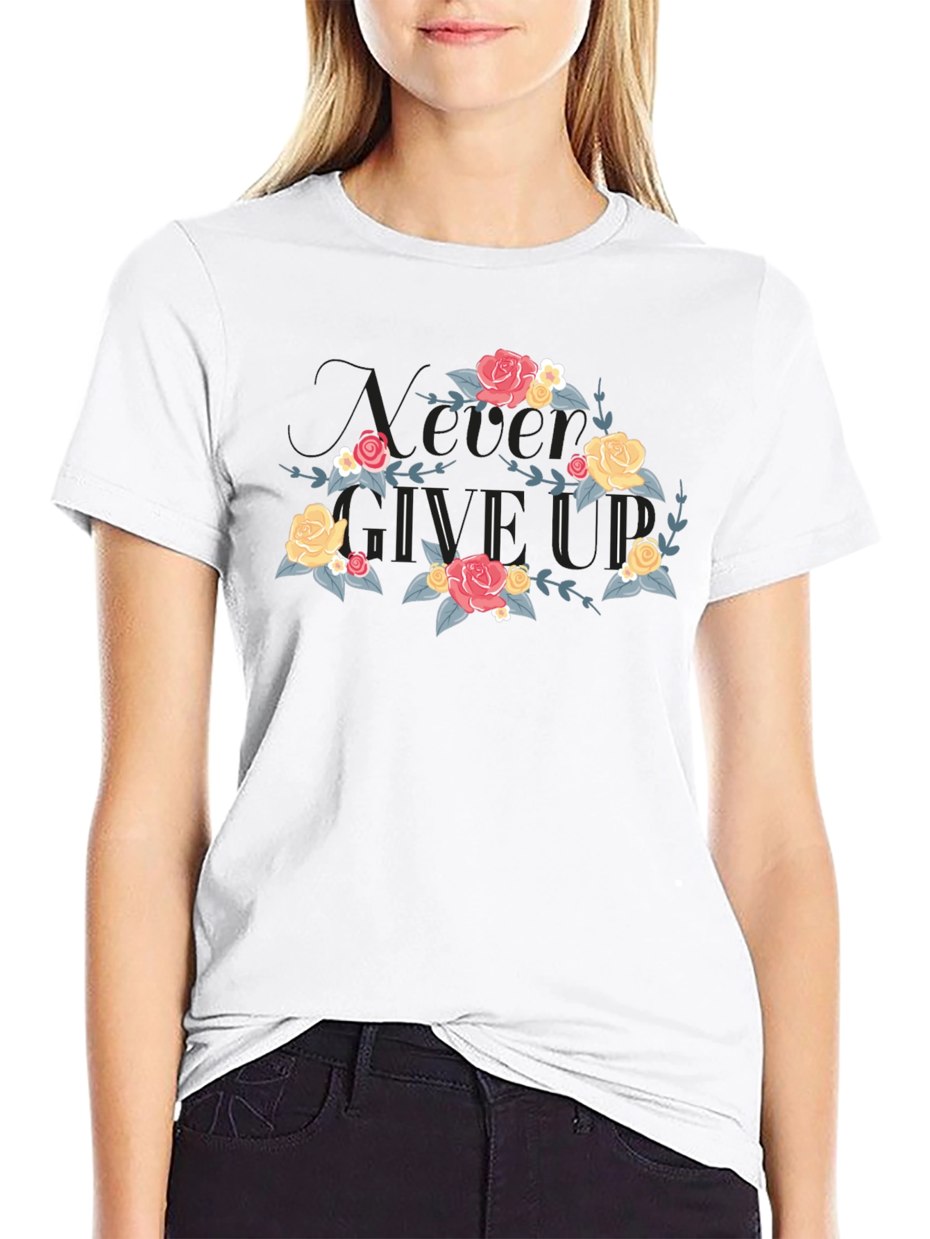 Floral Never Give Up Black T-Shirt
