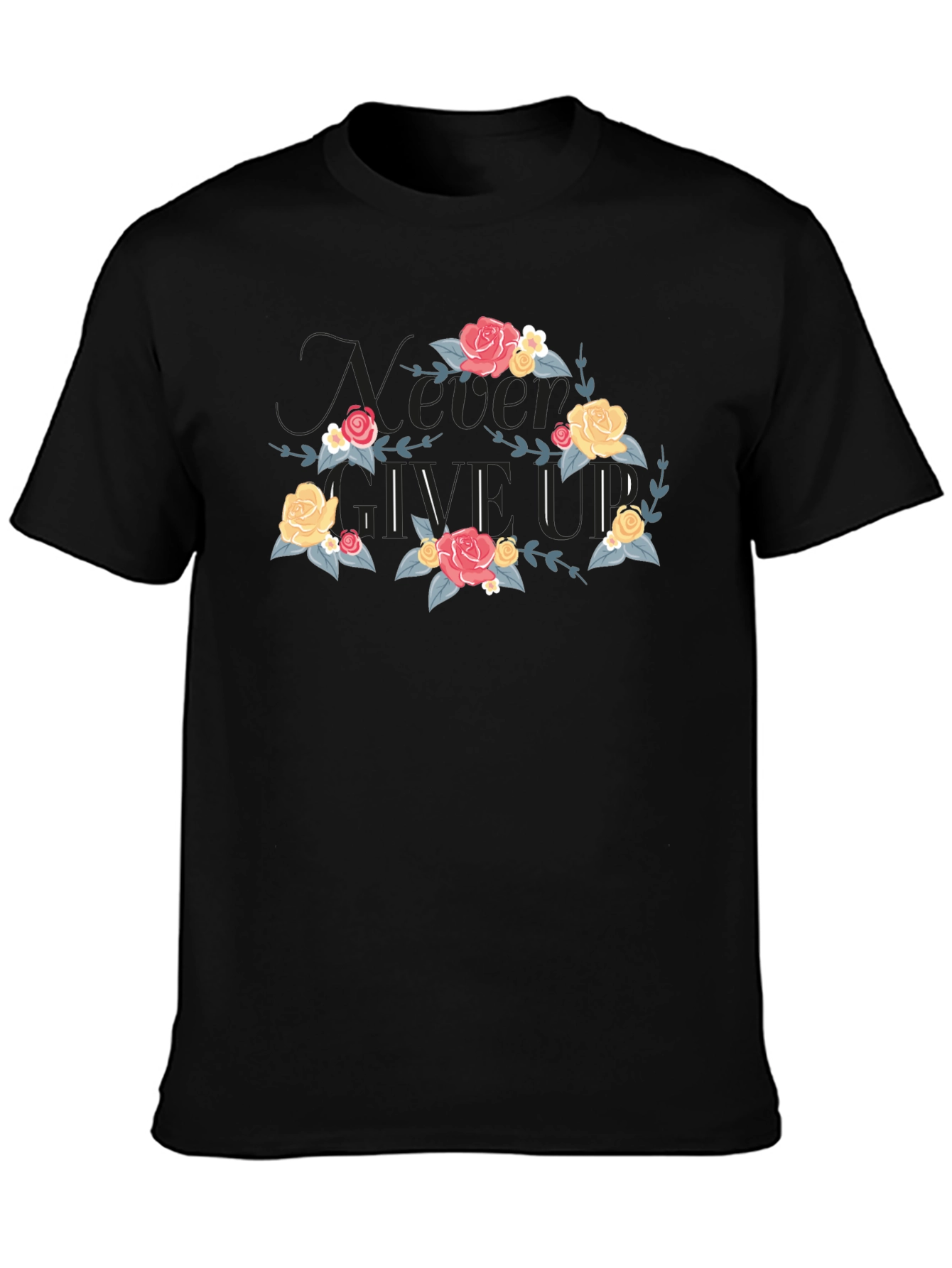 Floral Never Give Up Black T-Shirt