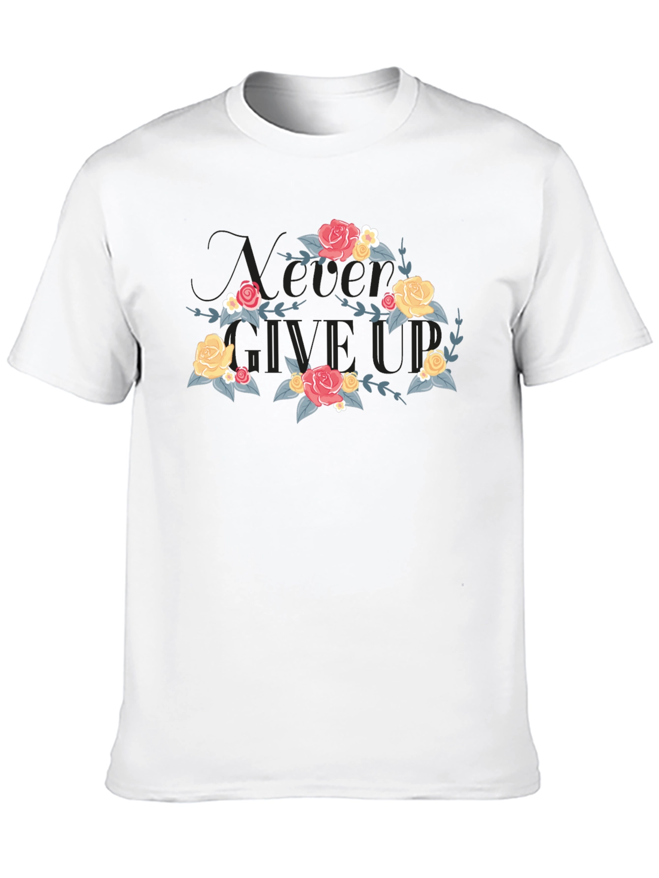 Floral Never Give Up Black T-Shirt