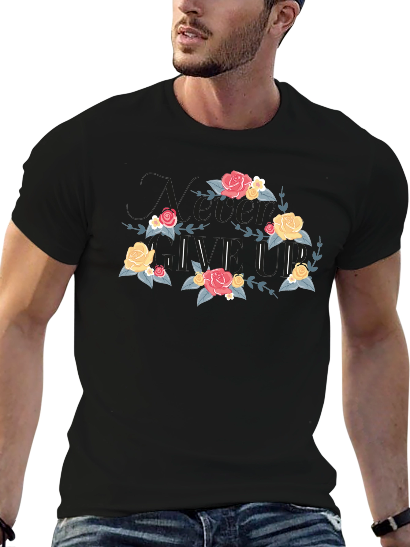 Floral Never Give Up Black T-Shirt