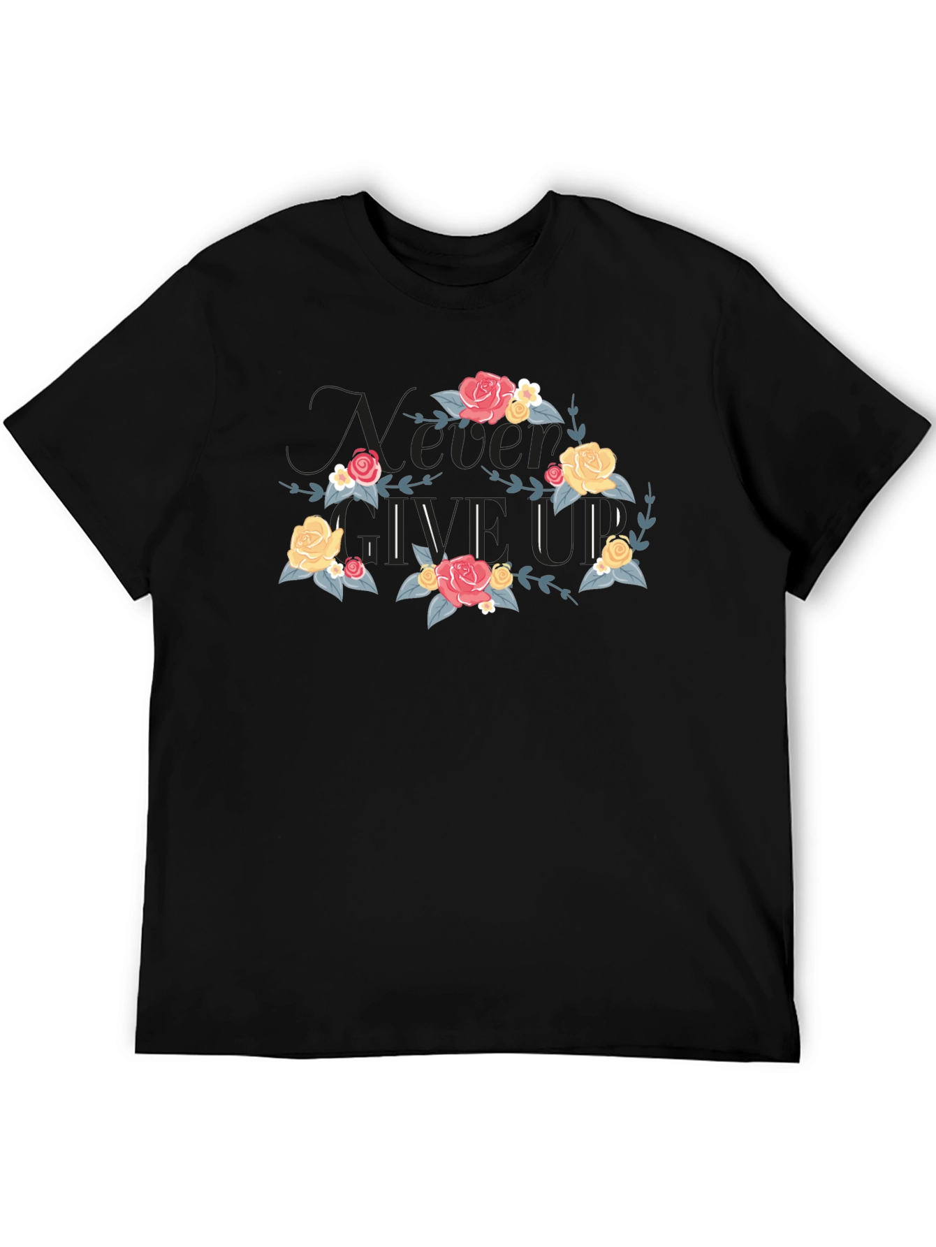 Floral Never Give Up Black T-Shirt