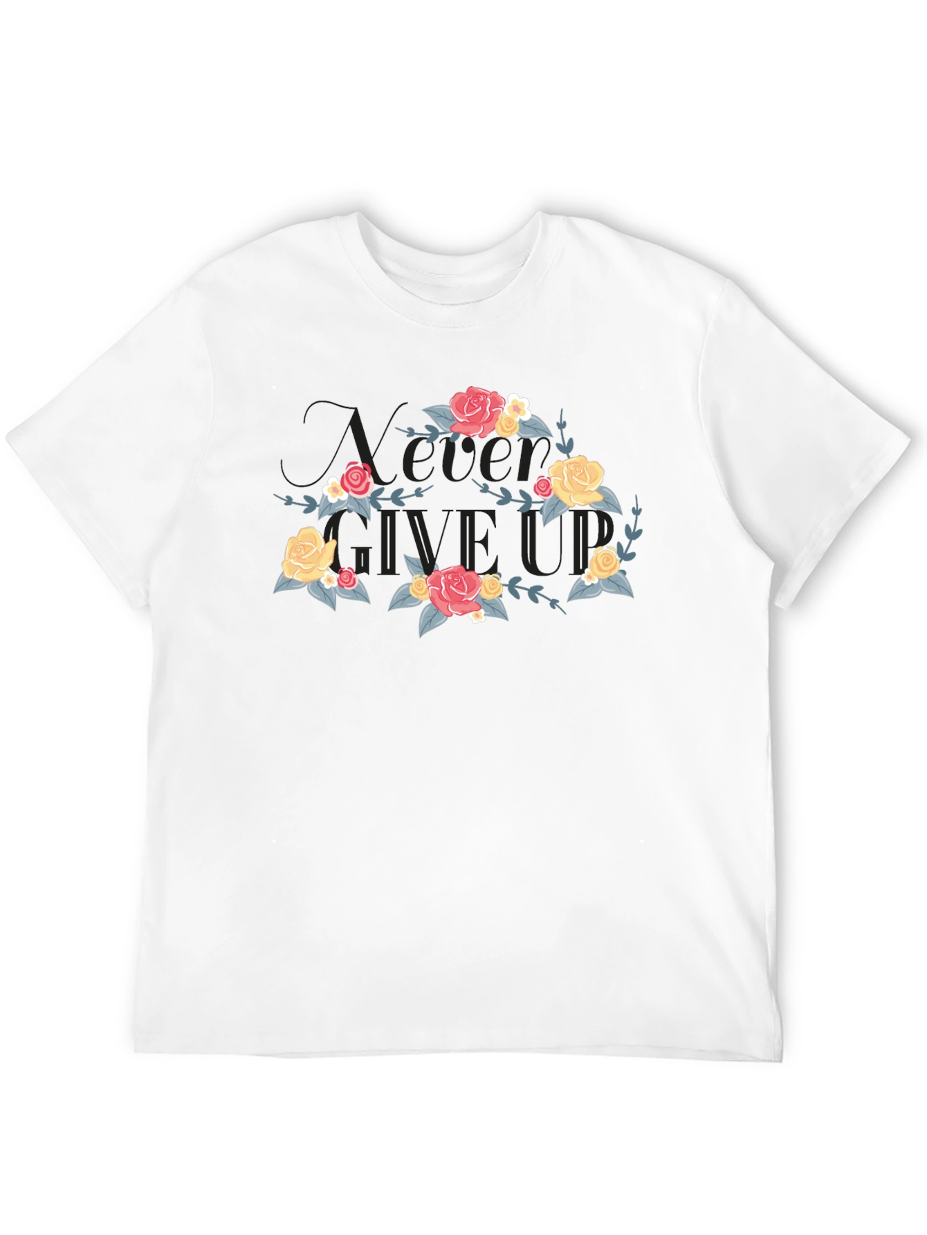 Floral Never Give Up Black T-Shirt