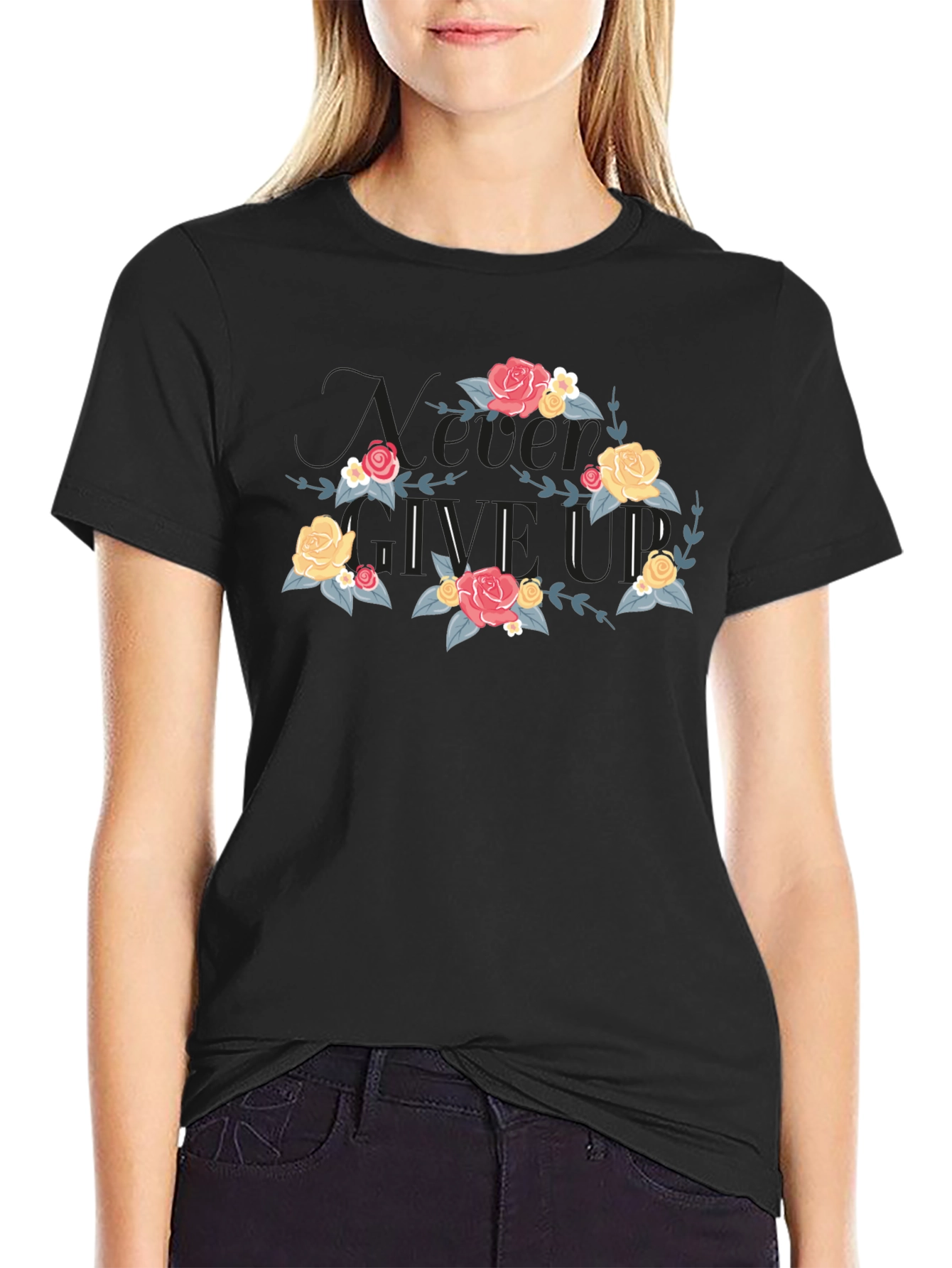 Floral Never Give Up Black T-Shirt