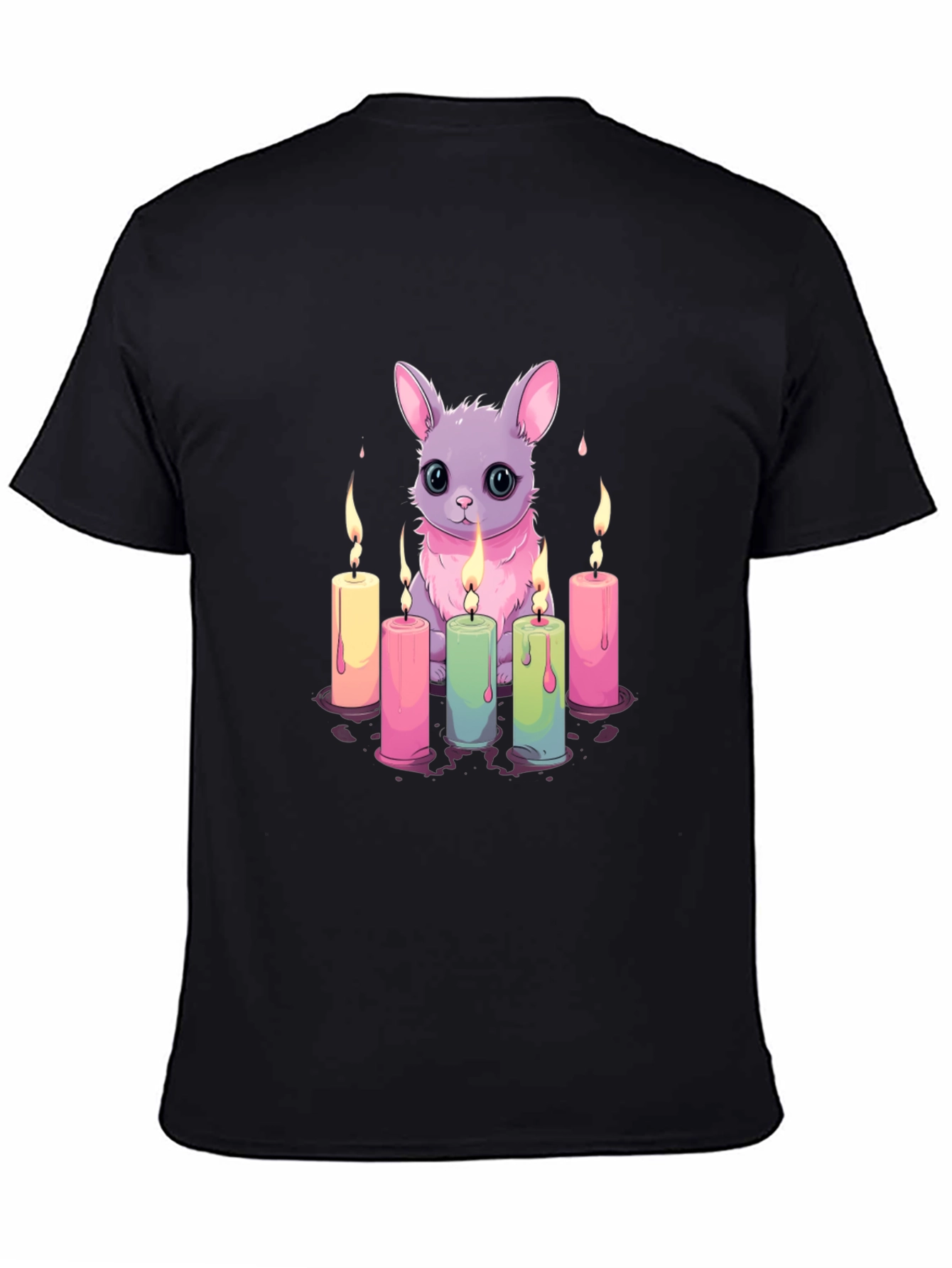Cute Bunny & Candles Graphic Black T-Shirt