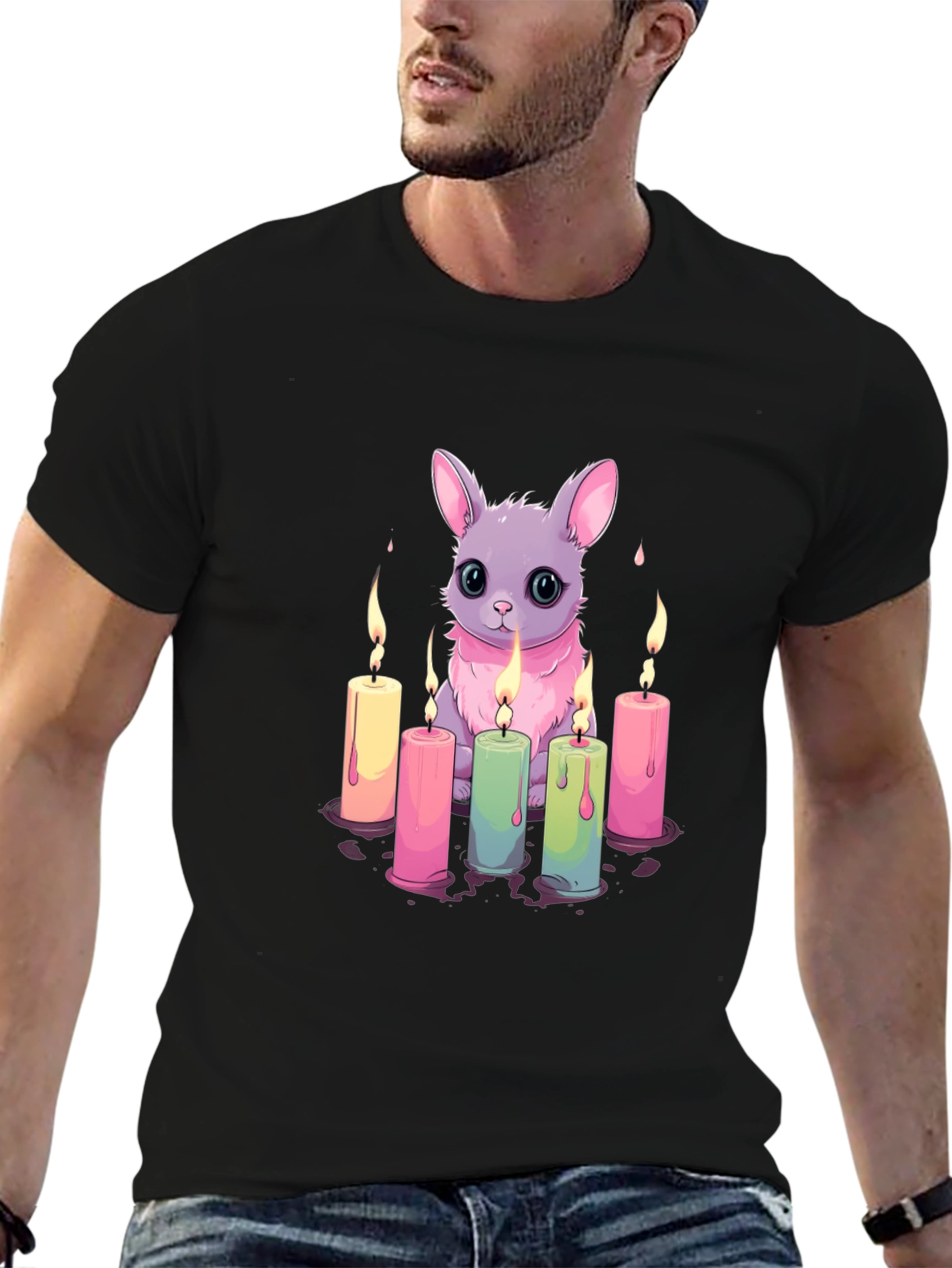 Cute Bunny & Candles Graphic Black T-Shirt