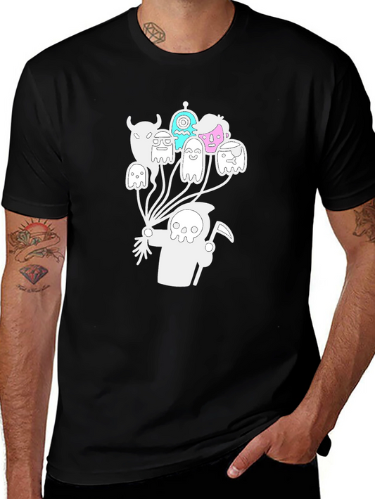 Grim Reaper Ghost Balloon Graphic Tee - Black Cotton Blend