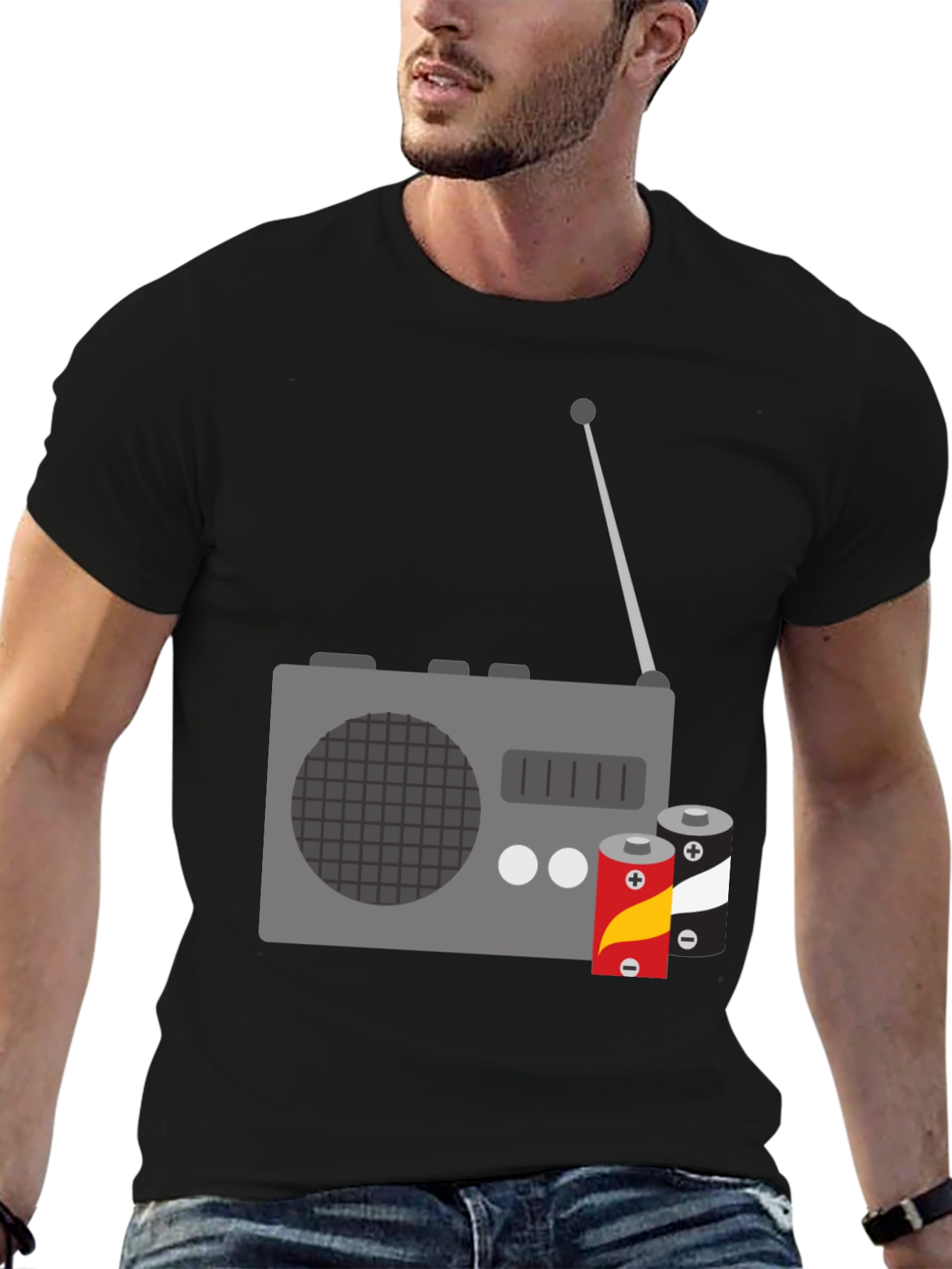 Retro Radio & Batteries Graphic Tee - Classic Style