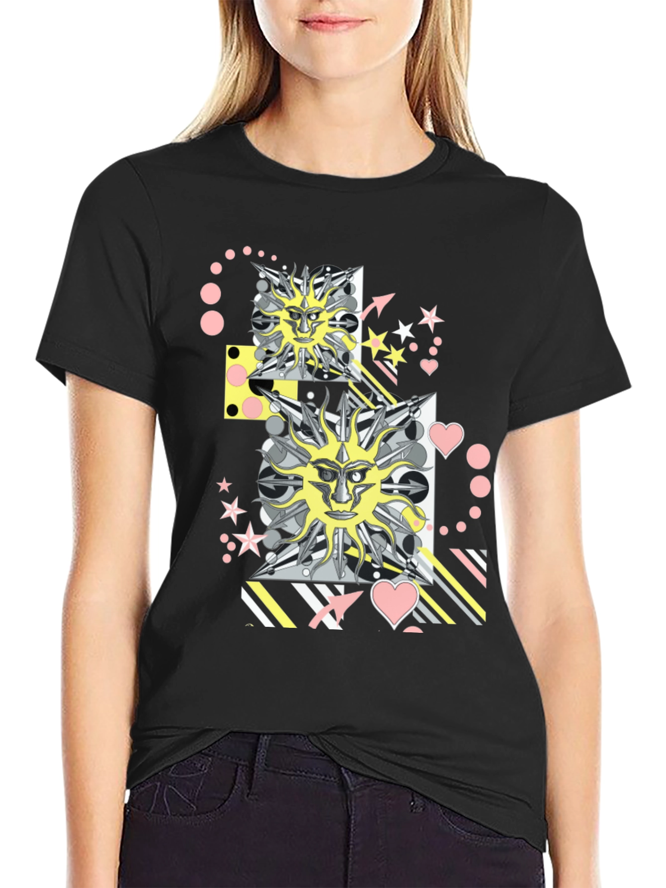 Graphic Print T-Shirt with Sun Face Motif