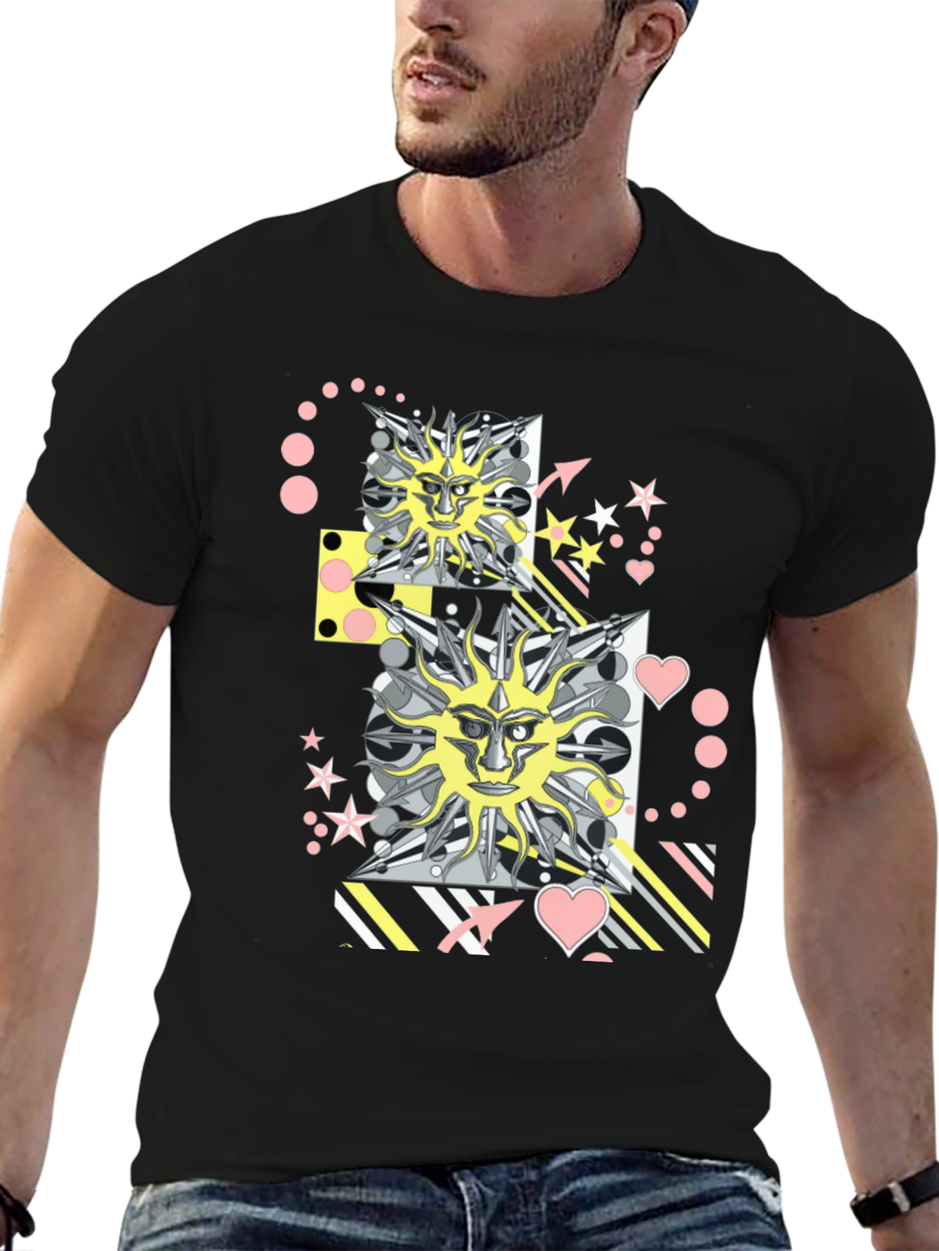 Graphic Print T-Shirt with Sun Face Motif