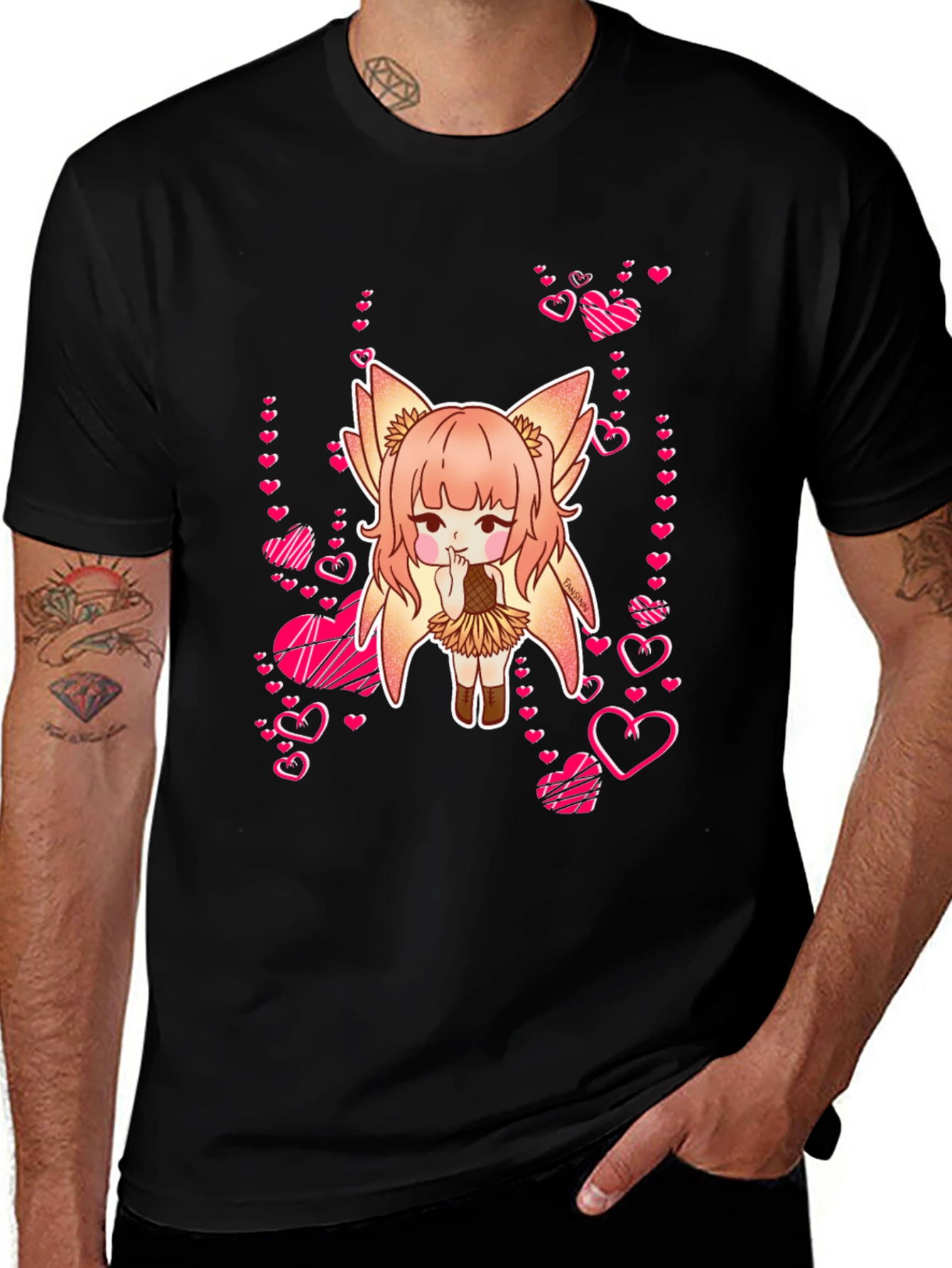 Anime Girl with Hearts Black T-Shirt