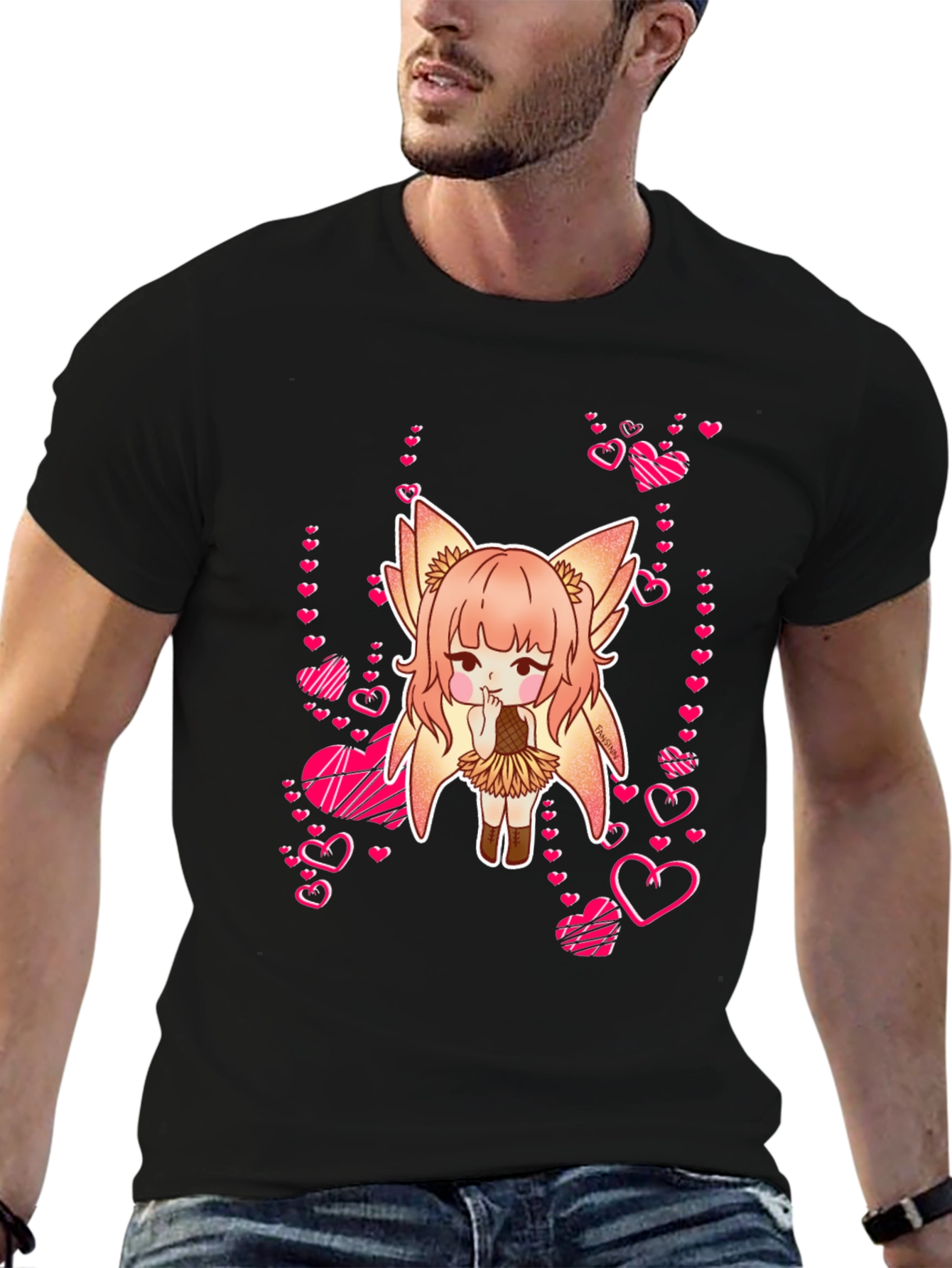 Anime Girl with Hearts Black T-Shirt
