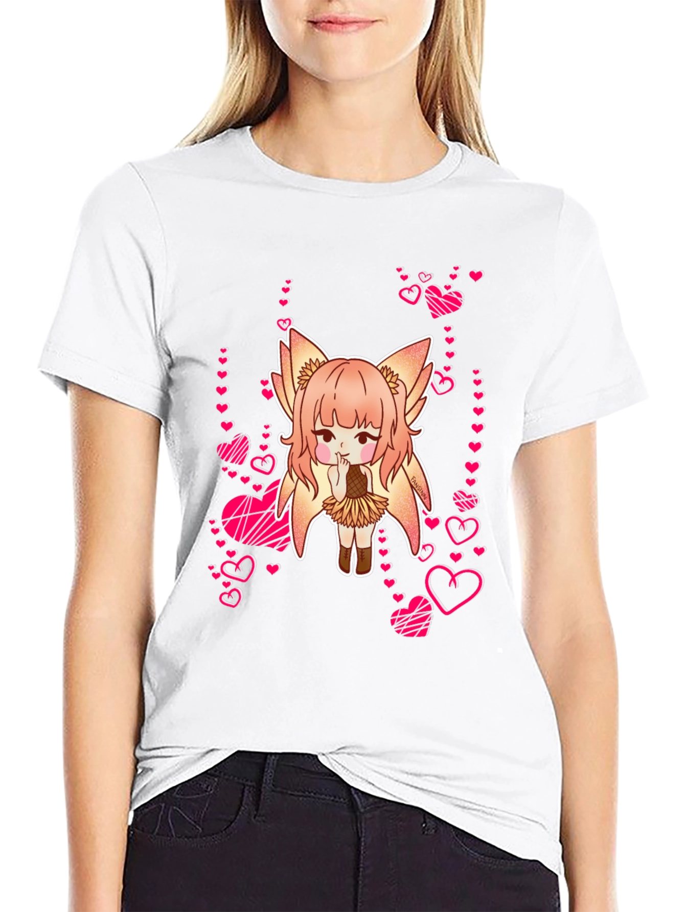 Anime Girl with Hearts Black T-Shirt