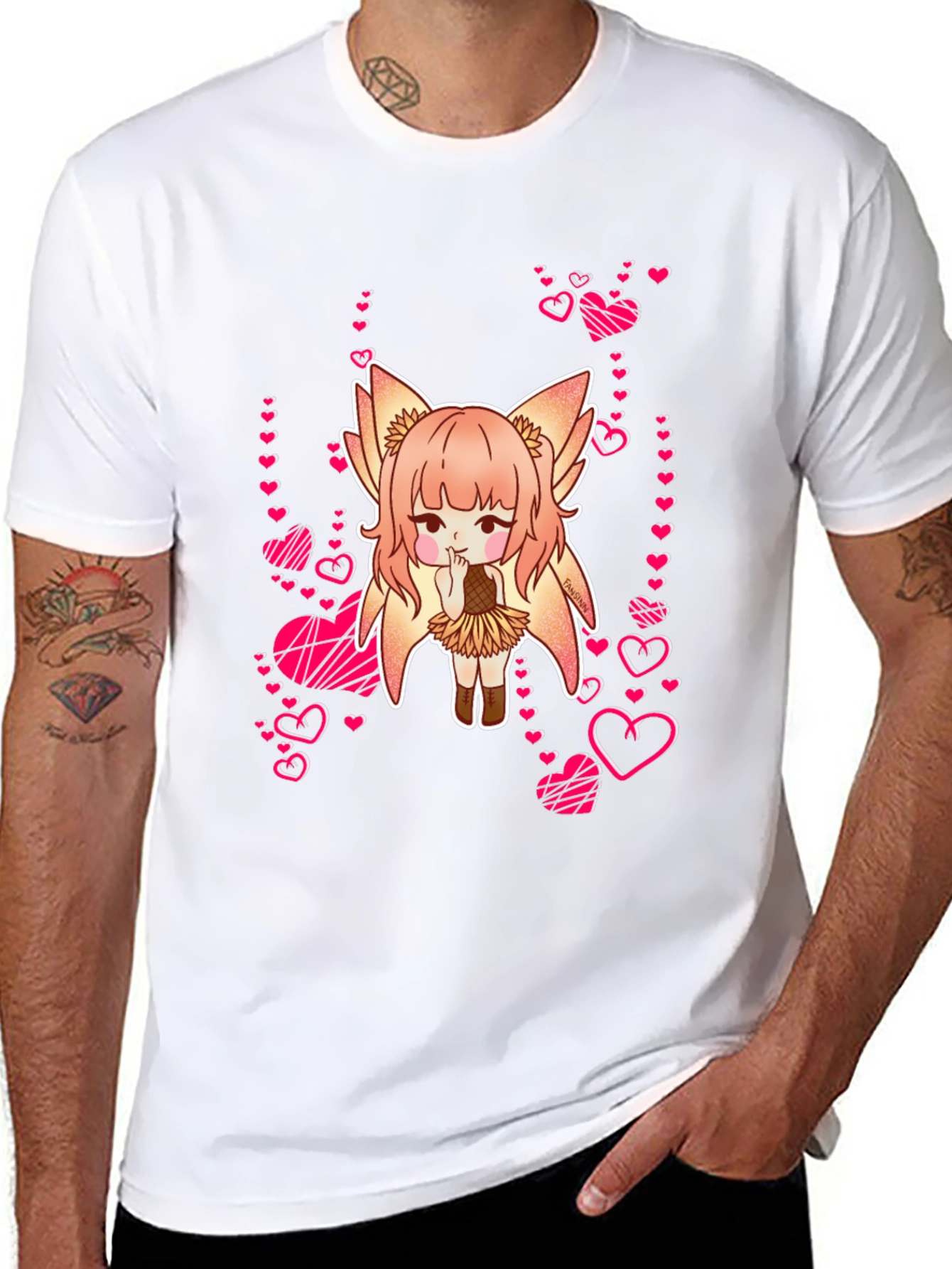 Anime Girl with Hearts Black T-Shirt