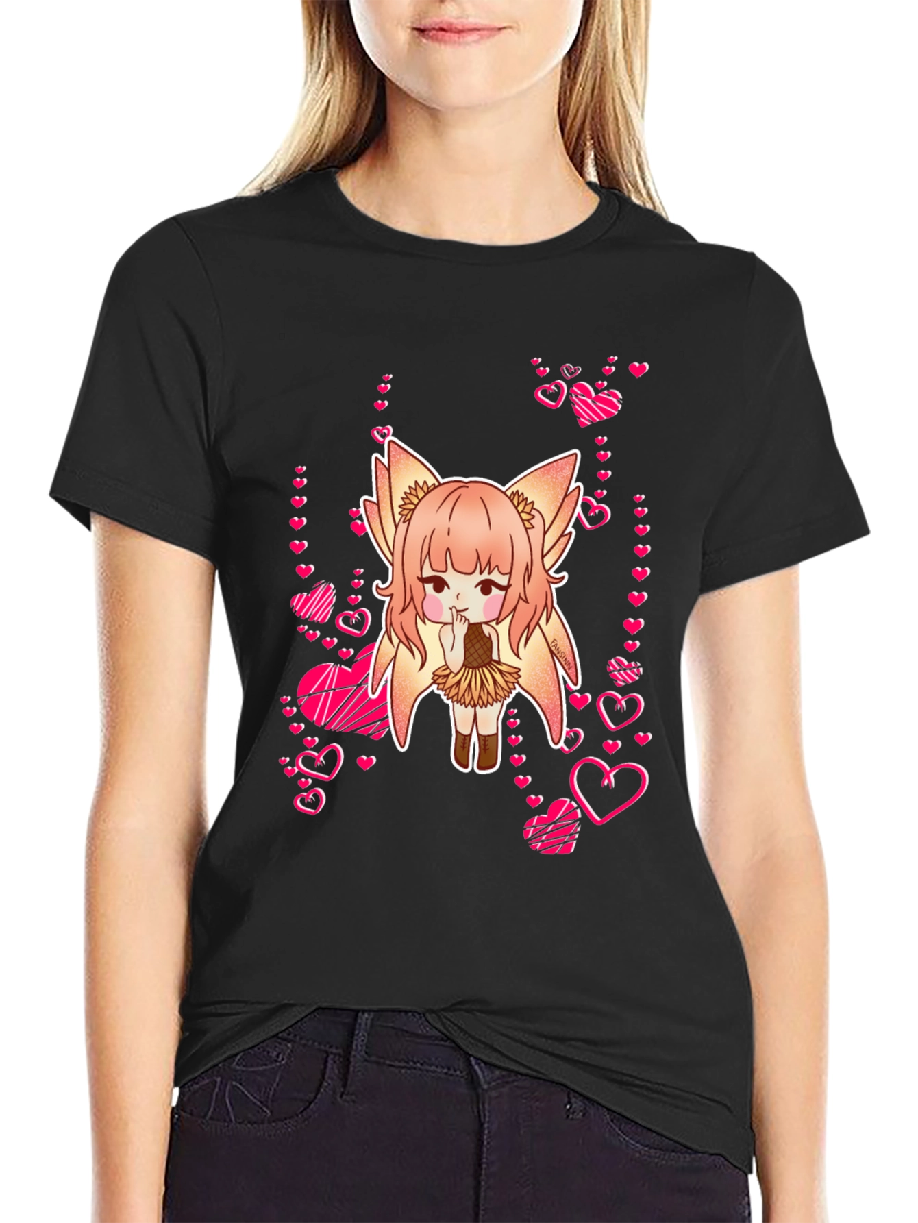 Anime Girl with Hearts Black T-Shirt
